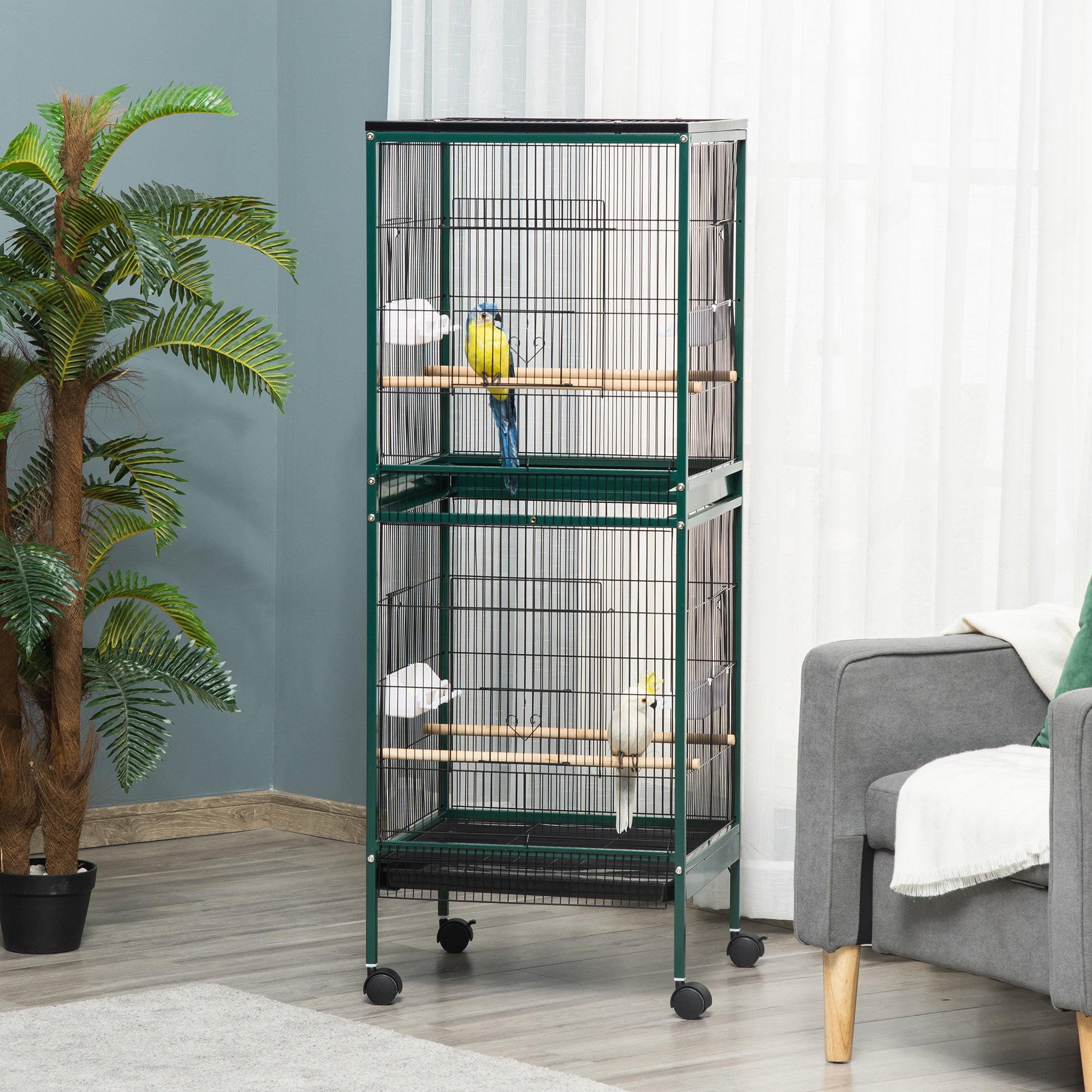 Large Bird Cage with 1.7 ft. Width for Wingspan, Bird Aviary Indoor with Multi-Door Design, Fit for a Canary, Finch, Conure, 55", Green - Green - Image 2
