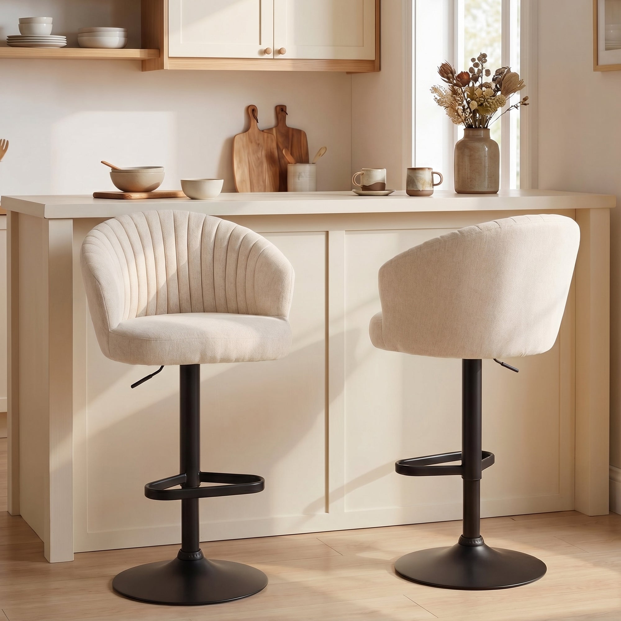 Modern Upholstered Adjustable Barstools with Swivel Seat, Linen Touch Fabric, Steel Frame, Footrest, Beige