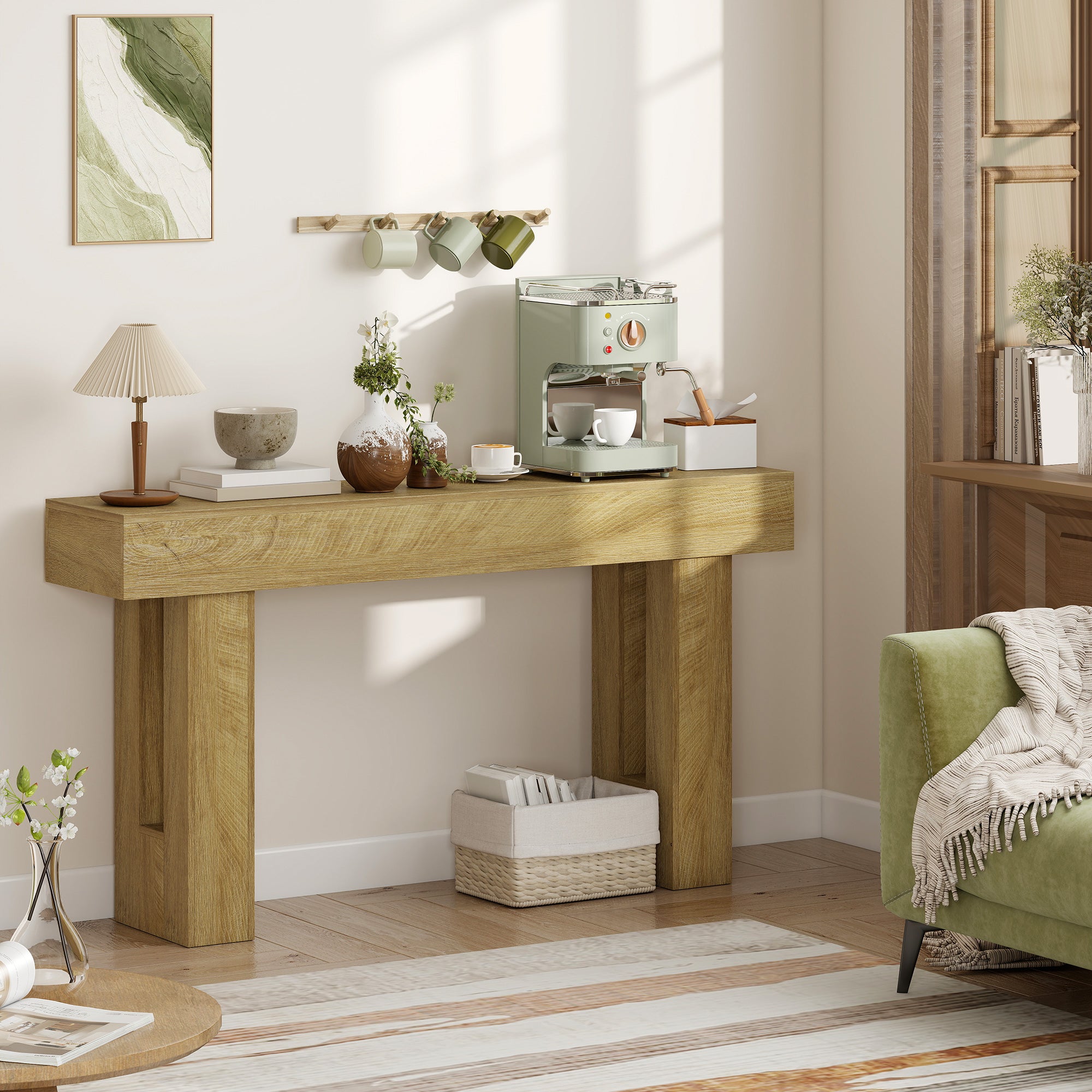 63 Inch Console Table, Sofa Table Behind the Couch with Thickened Tabletop for Living Room, Hallway, Entrance, Oak