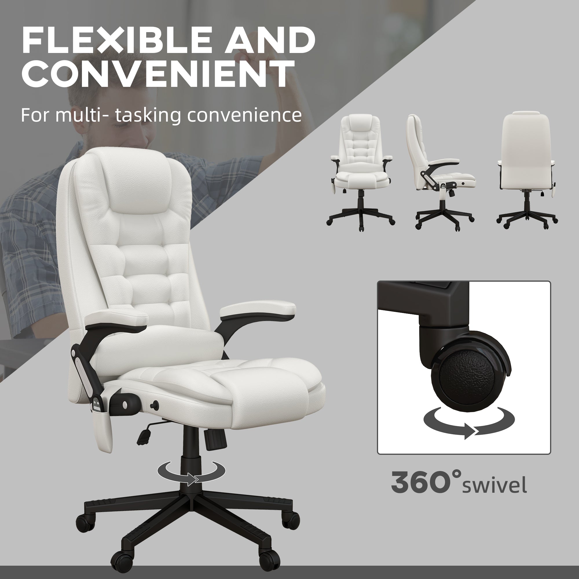 Massage Office Chair, Heated Reclining Computer Chair with 6 Vibration Points, Armrest and Remote, White