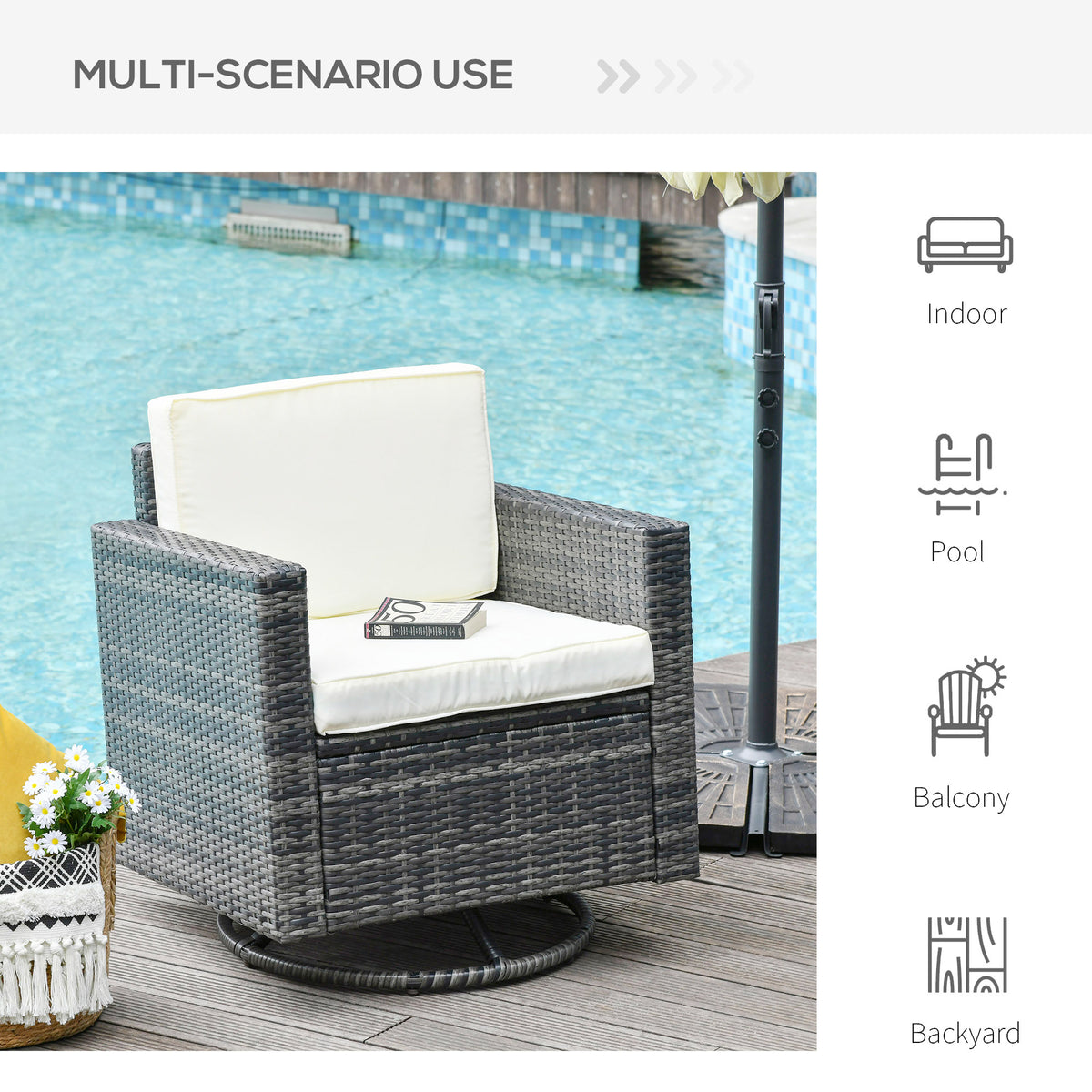 Outdoor Swivel Rocker, PE Wicker Dining Chair, 360 Degree Swivel Patio Glider with Cushions for Backyard, Lawn, Garden, Deck, Porch, Steel Frame, Cream White