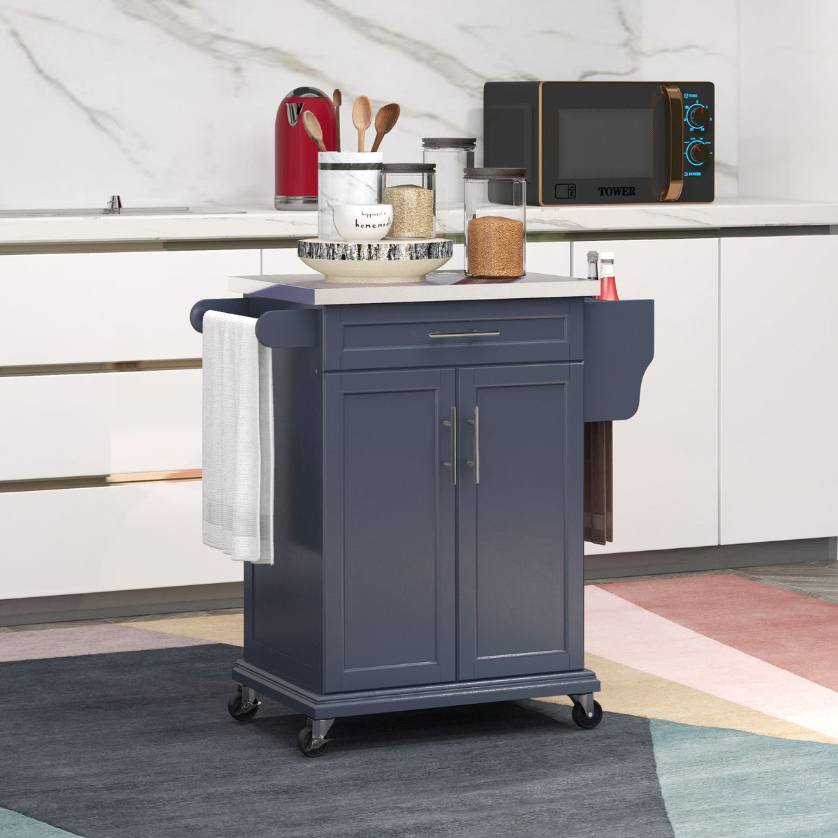 Kitchen Island with Wheels, Rolling Kitchen Island with Storage, Stainless Steel Countertop for Dining Room, Deep Blue