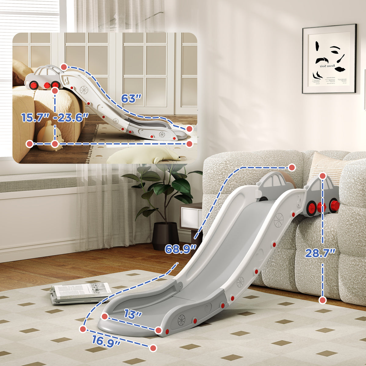 Extra Length Toddler Slide for Bed, Sofa, Easy to Assemble, Gray