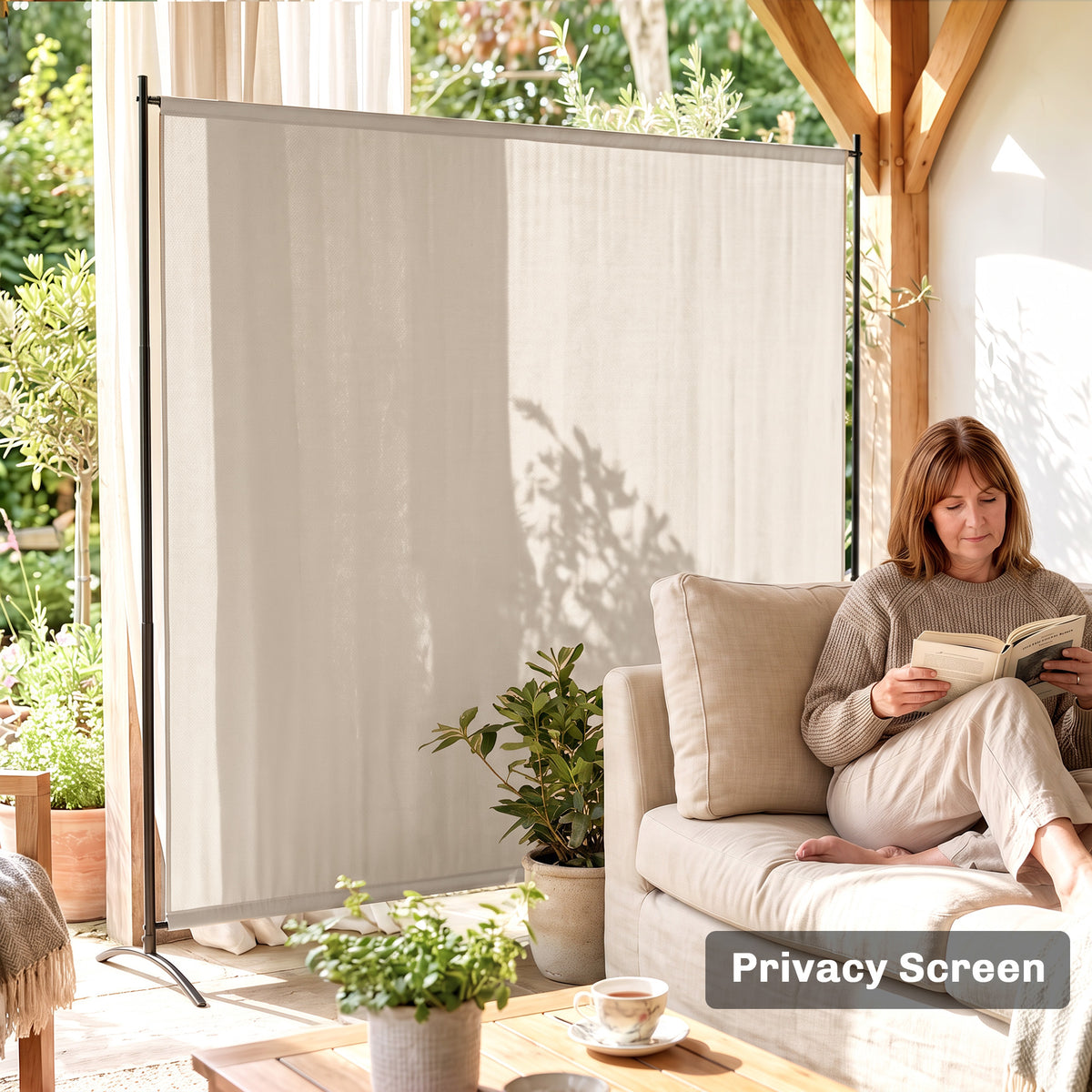 Outdoor Privacy Screen, 5.9FT Tall Room Divider with UPF30+ Protection, Freestanding Privacy Panel, Beige