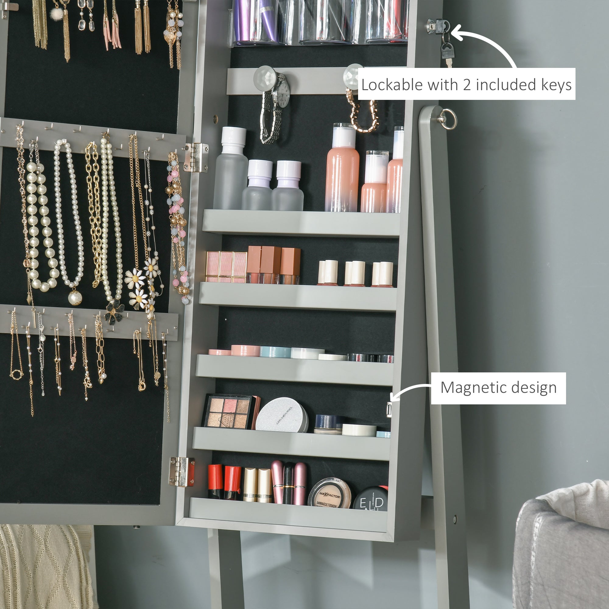 Floor Standing Jewelry Cabinet with LED Light, Lockable Jewelry Organizer with Full-Length Mirror, and 4 Adjustable Angles, Grey