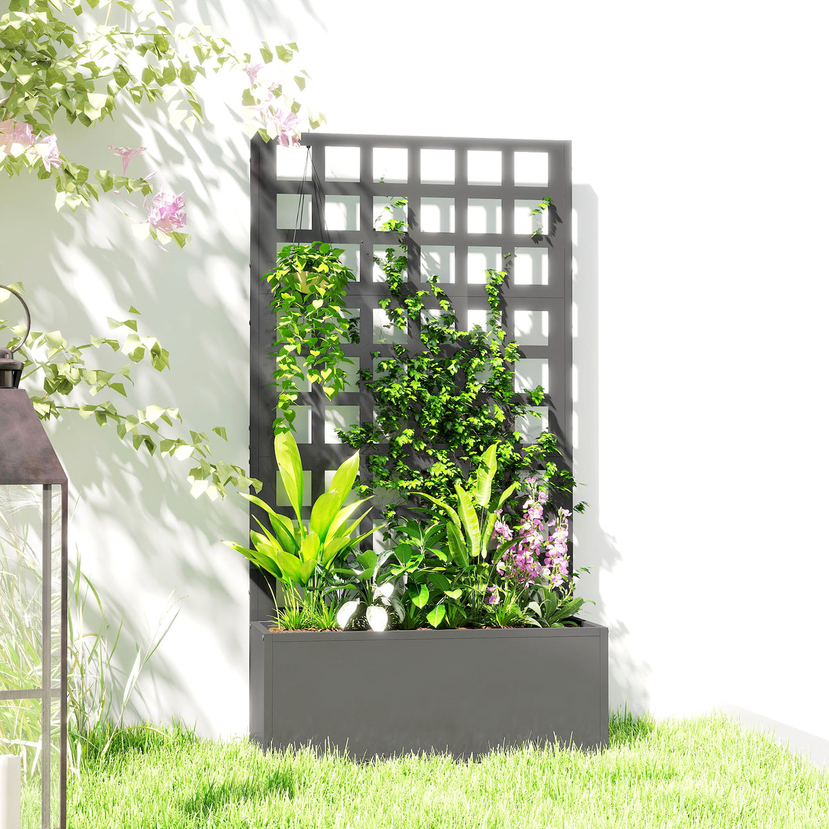 Galvanized Raised Garden Bed Planter Box with Trellis for Climbing Plants, Vegetable, Vines, 24" x 9" x 44.5", Gray