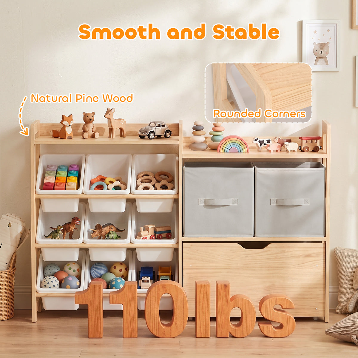 Wooden Toy Storage Organizer with Rolling Toy Chest, 2 Fabric Drawers, 2 Shelves, 9 Bins for Bedroom, Playroom, Nursery