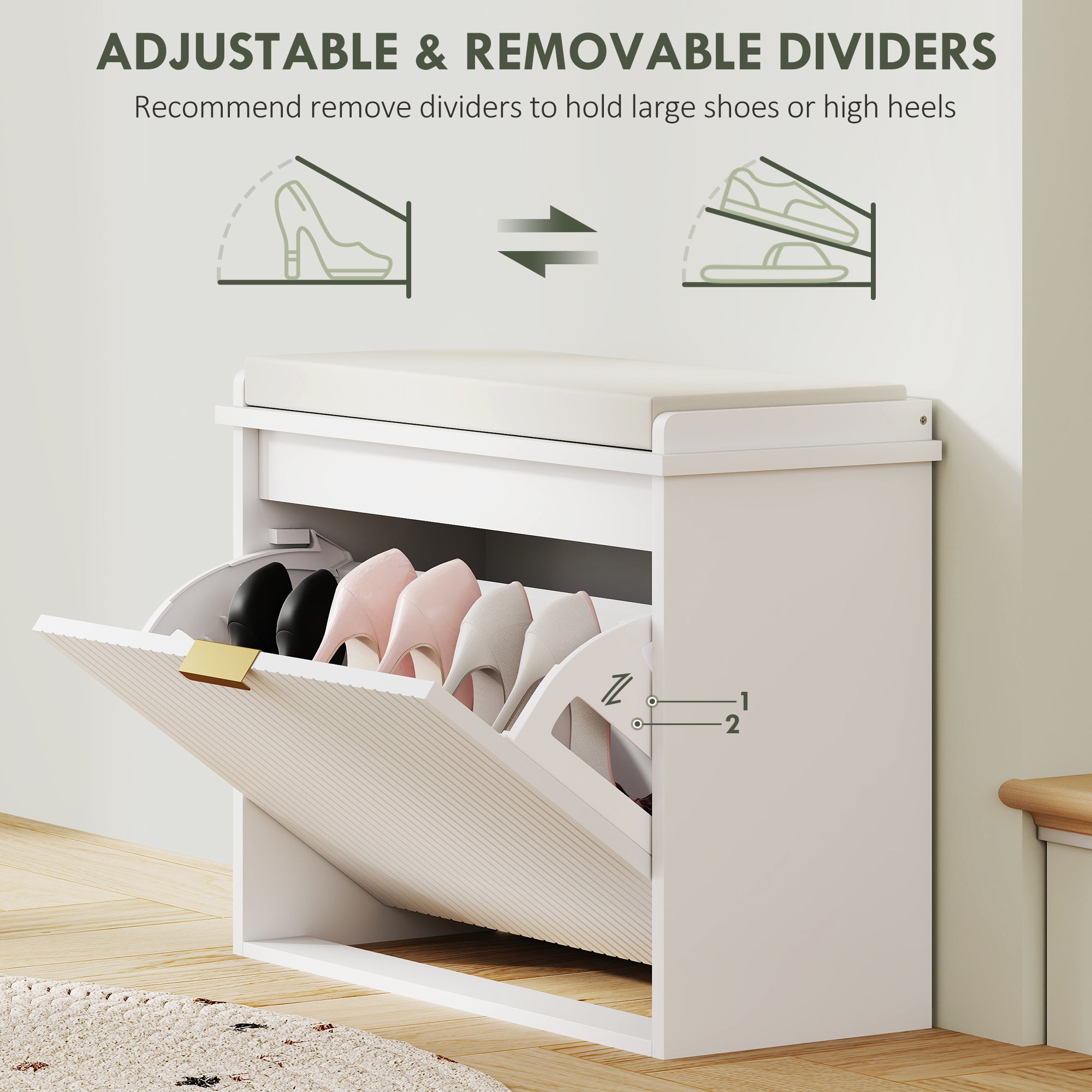 Shoe Storage Bench with Padded Seat Cushion and Flip-Drawer, Entryway Bench, Shoe Cabinet, 24.4x10.2x18.7 Inches, White