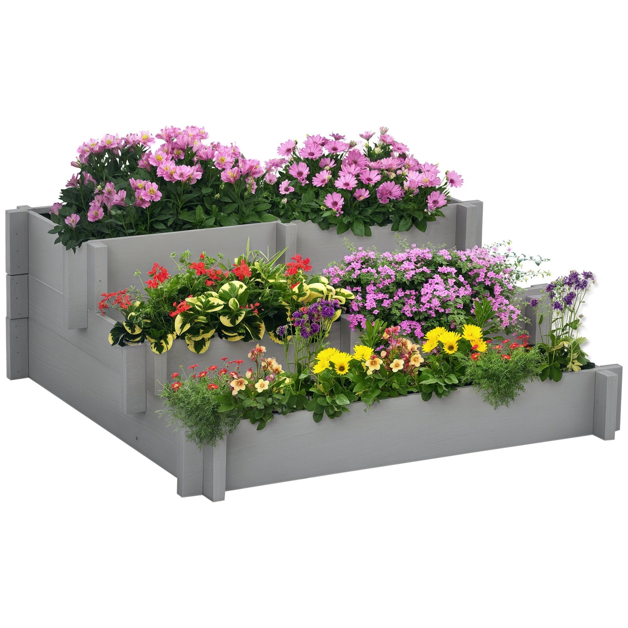 3 Tier Raised Garden Bed, Water Draining Fabric for Soil, Elevated Wood Flower Box for Vegetables, Herbs, Gray - Gray
