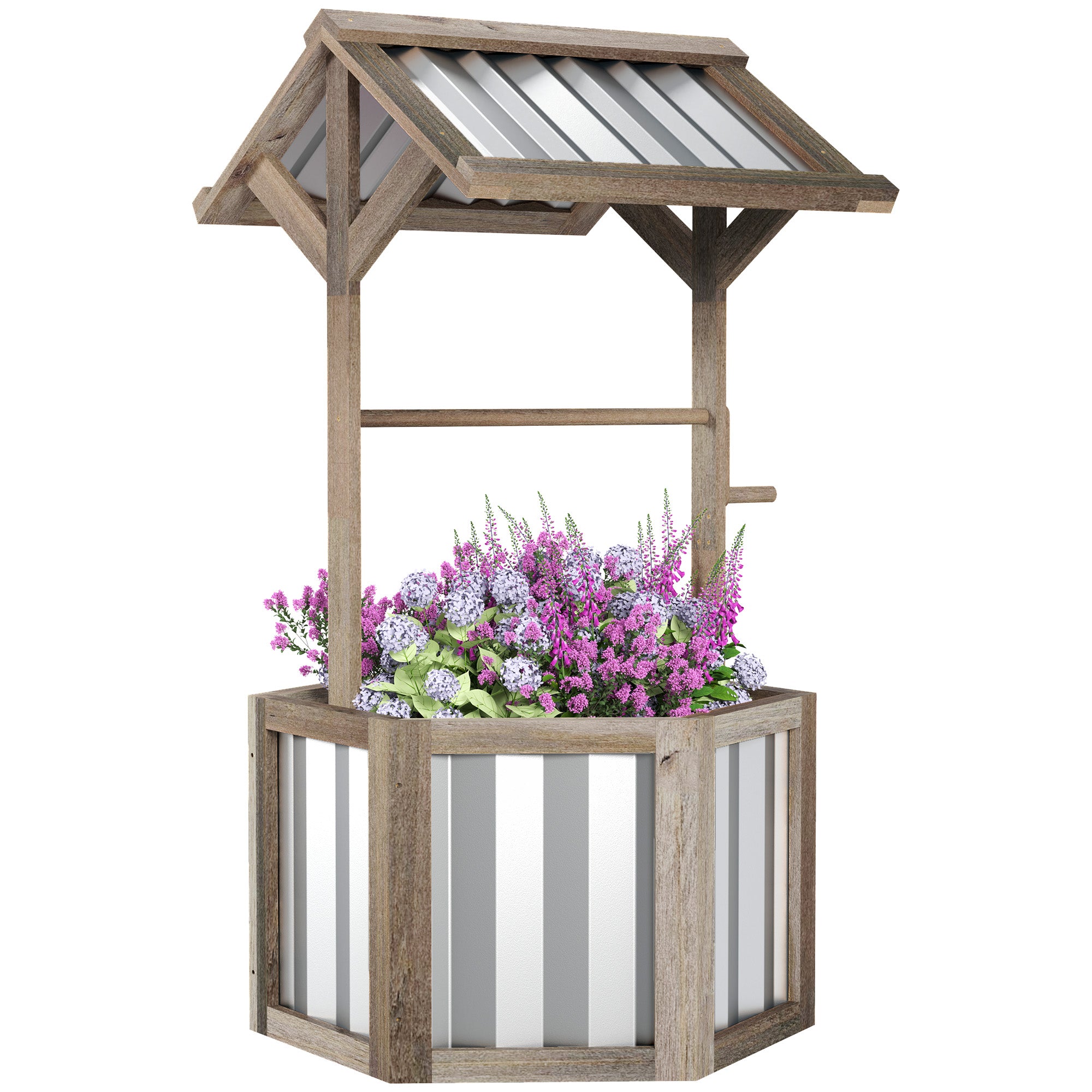 Wooden Wishing Well Planter, Raised Garden Bed with Galvanized Canopy, Hexagon Raised Flower Bed for Garden, Light Gray - Light Gray