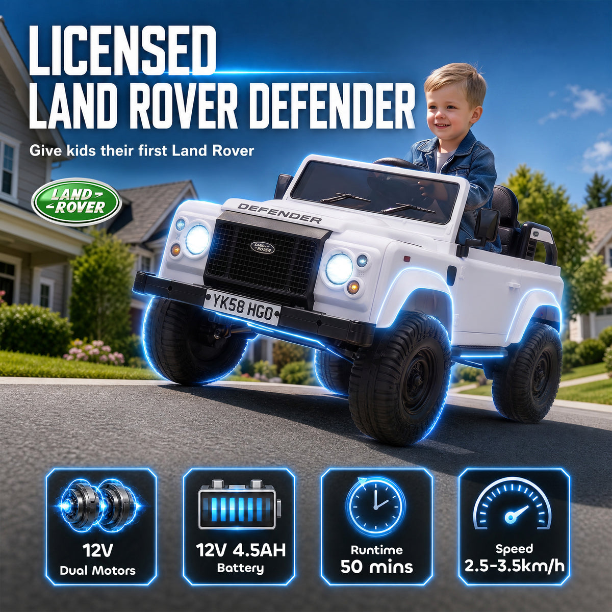 12V Electric Car for Kids 3+ Years, Licensed Land Rover Defender Toddler Ride on Car w/ Remote Control, White