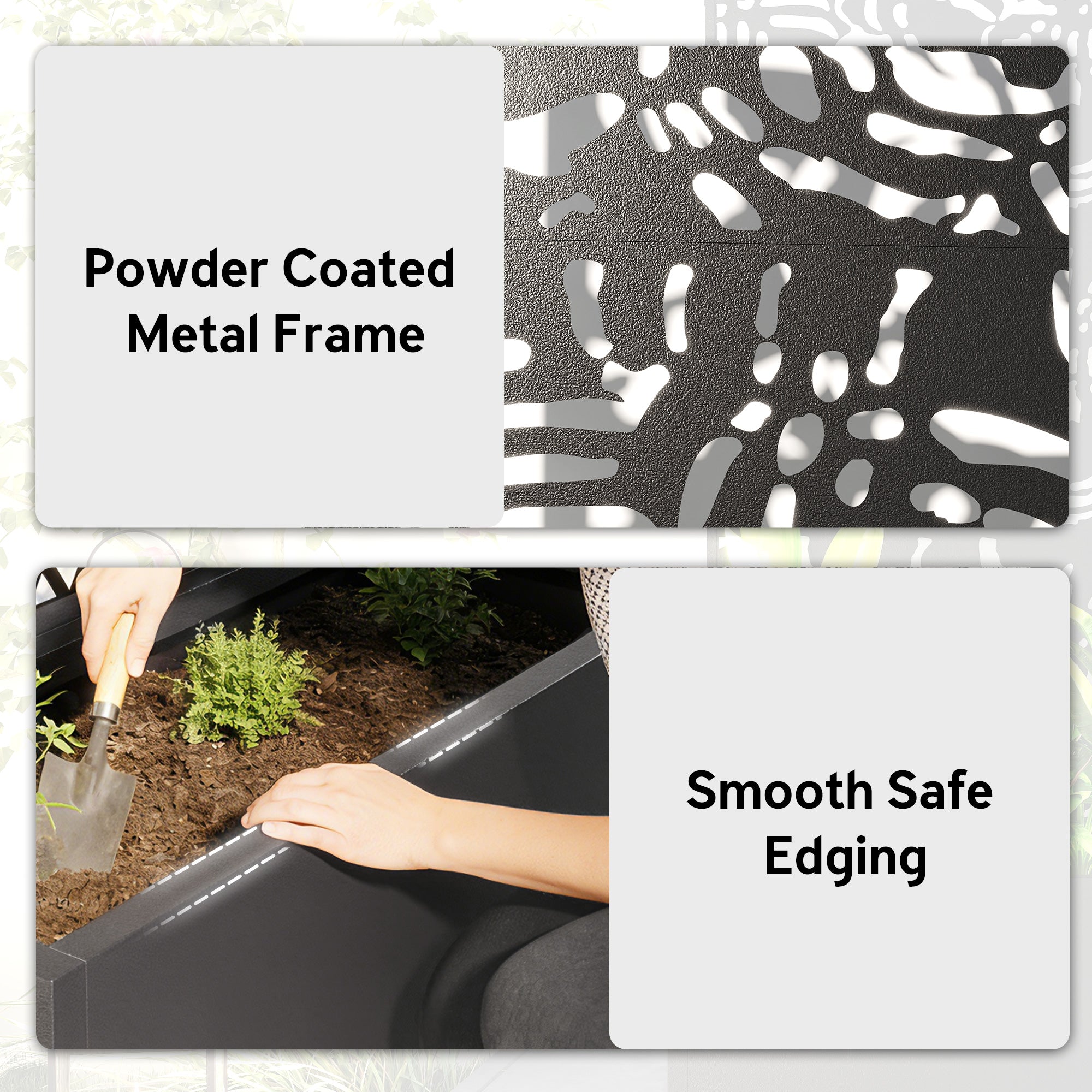 Metal Planter Box with Trellis, 71" Tall Raised Garden Bed with Privacy Screen and Drainage Holes, Banana-Leaf Cut-Outs - Black - Image 7