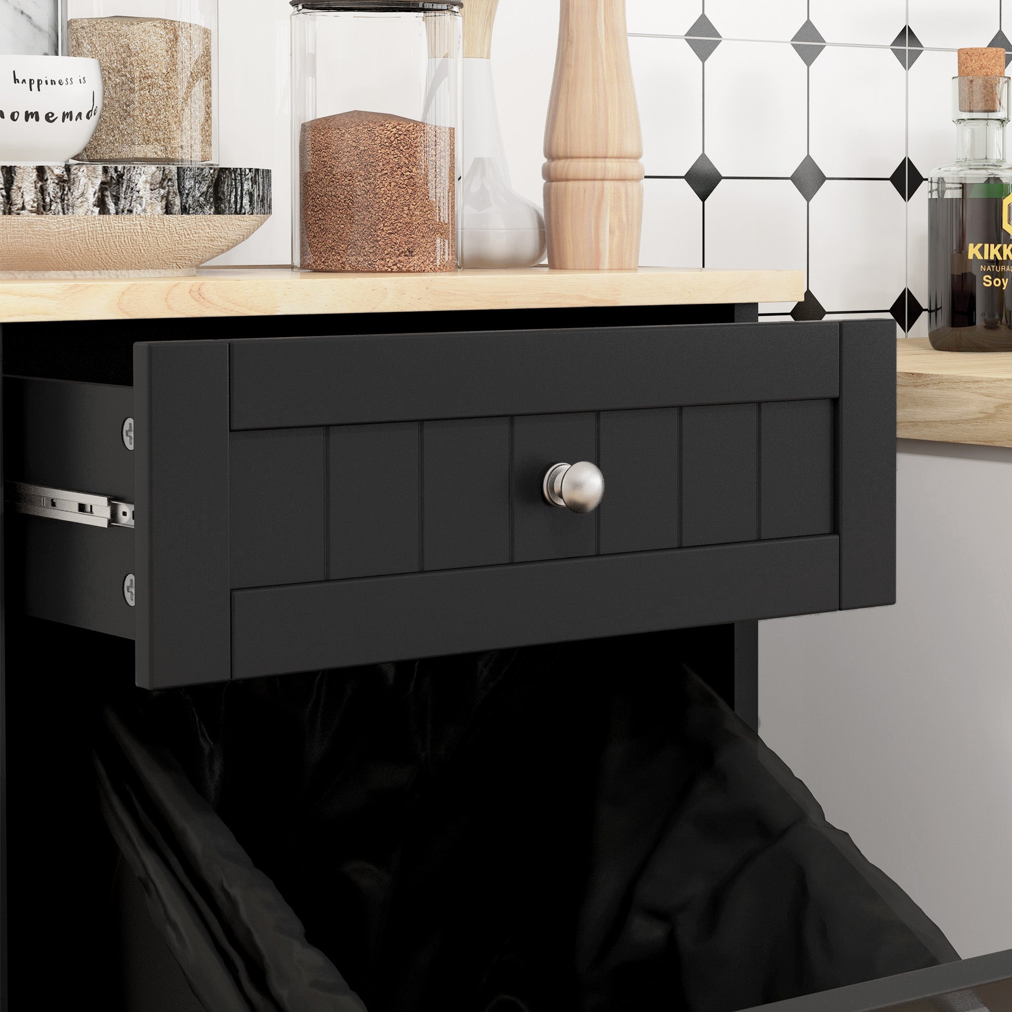 10 Gallon Tilt Out Trash Cabinet, Wooden Hidden Trash Can with Storage Drawer for Kitchen, Laundry Hamper Cabinet for Bathroom, Black