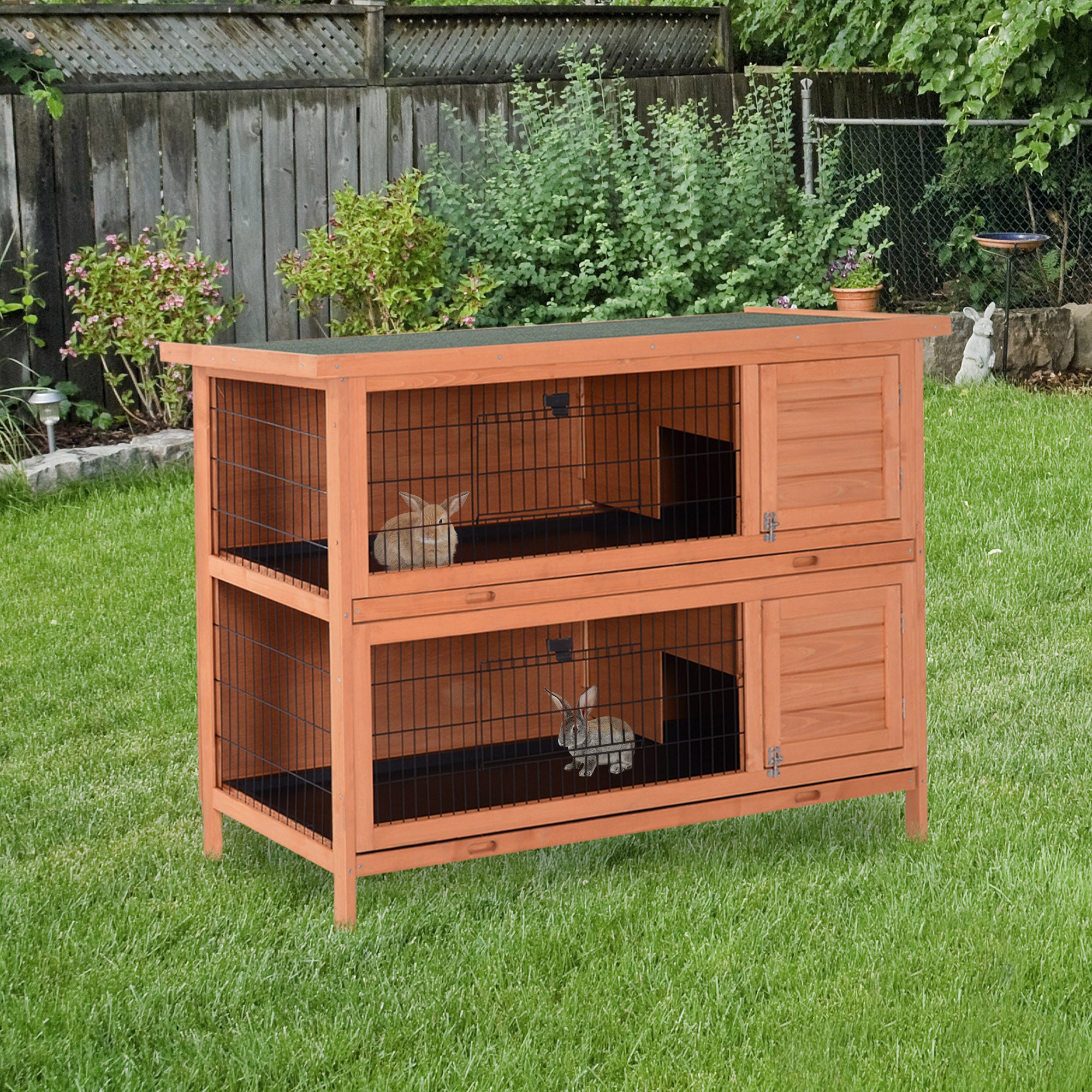 54" 2-Story Large Rabbit Hutch Bunny Cage Wooden Pet House Small Animal Habitat with Lockable Doors, No Leak Tray and waterproof Roof for Rabbits, Chickens, Ducks, Outdoor/Indoor Natural - Orange - Image 2