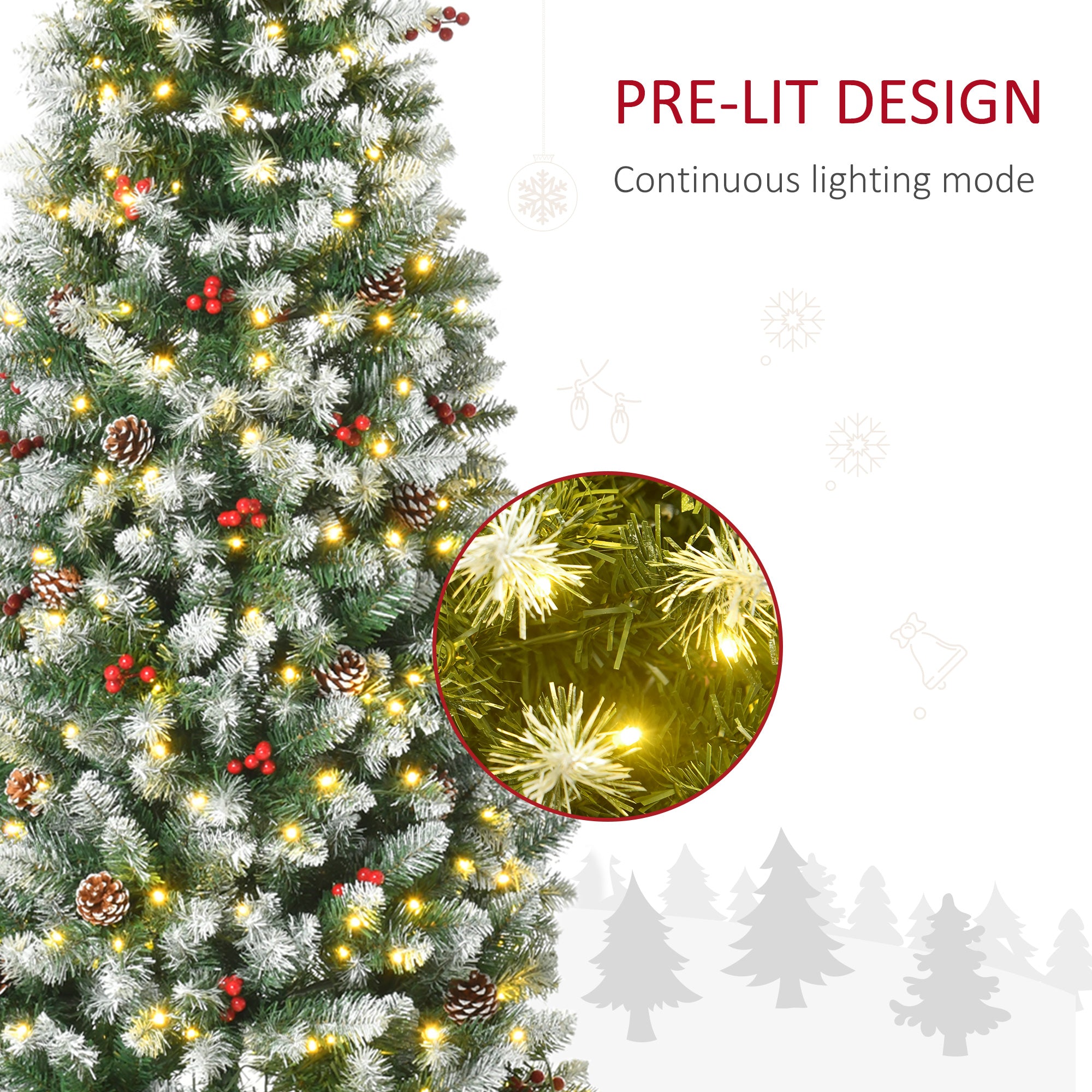 6ft Pre-Lit Snow-Dipped Artificial Christmas Tree with Realistic Branches, 300 LED Lights, Pine Cones, Red Berries and 618 Tips