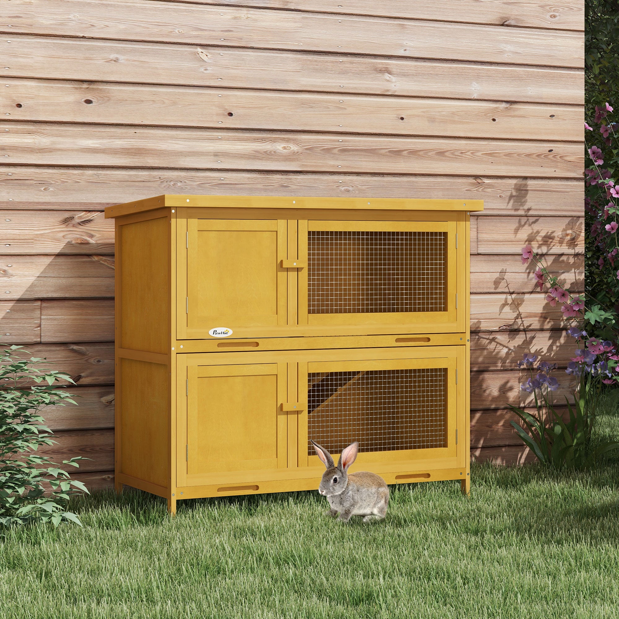 Wooden Bunny Hutch with Ramp, Indoor/Outdoor, Yellow - Yellow - Image 2