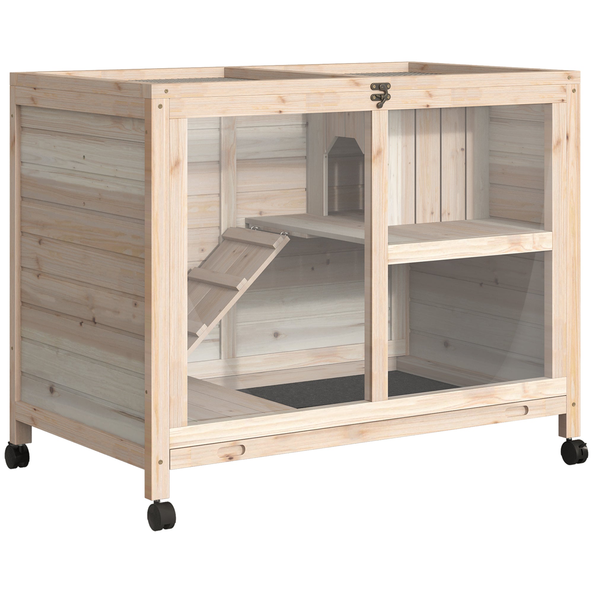 Rabbit Hutch with Wheels, Desk and Side Table Sized, Wooden Rabbit Cage, Waterproof Small Bunny Cage with Removable Tray, Openable Roof, for Rabbits, Chickens, Ducks, Indoor/Outdoor, Natural - Natural Wood