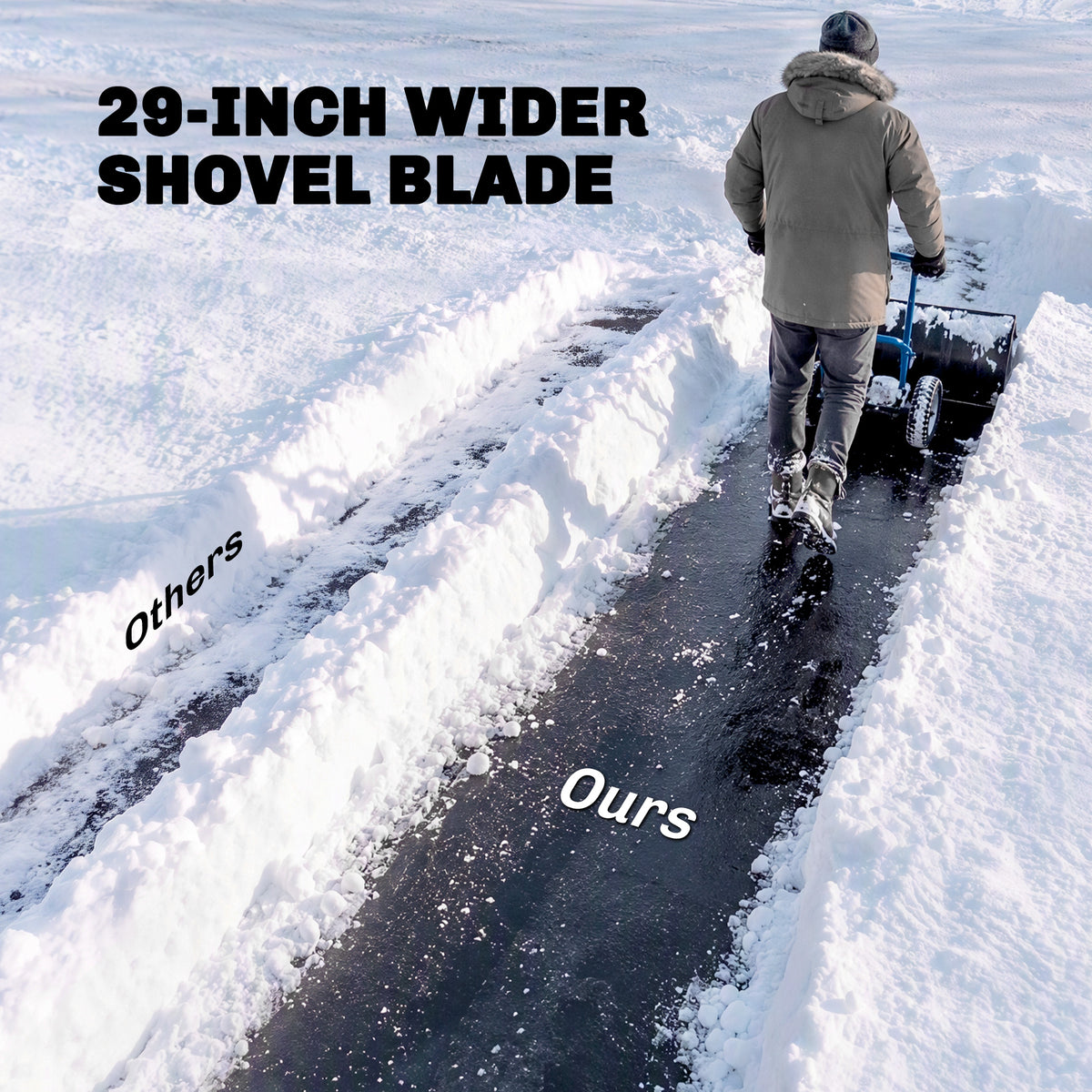 Snow Shovel with Wheels, 29" Metal Snow Pusher with Adjustable Handle, 7-Angle Blade, Wear Strip for Driveway, Blue