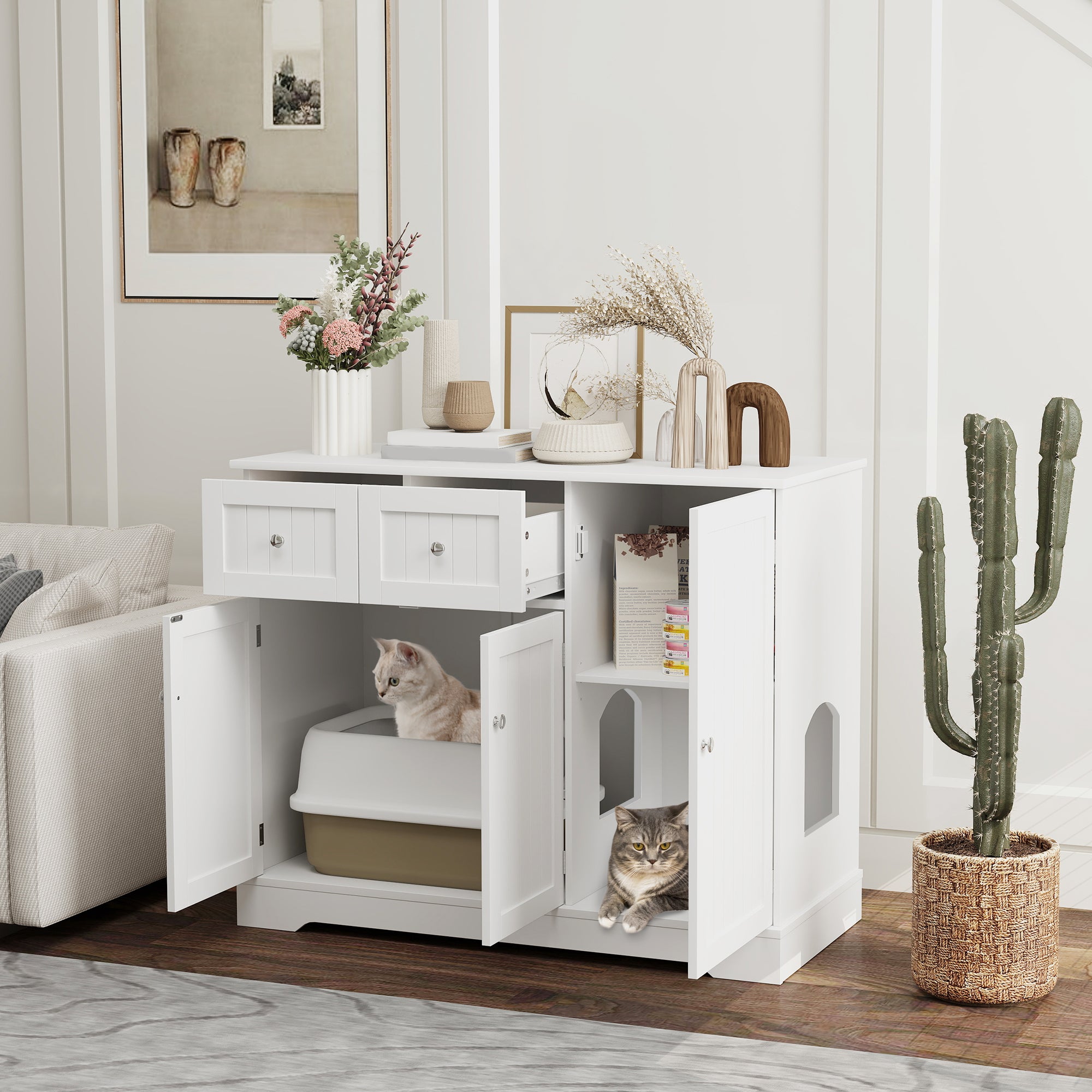 Cat Litter Box Enclosure with Drawers, Storage, Anti-tip Kit, 39" x 18" x 31.5", White - White - Image 2