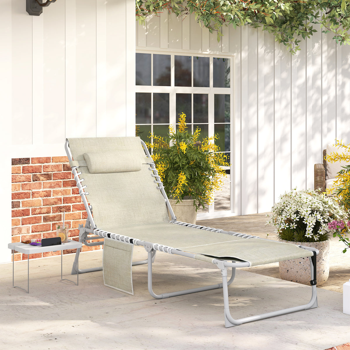 Tanning Chair with Face Hole and Side Table, 5-Position Folding Outdoor Chaise Lounge Chair, Beige