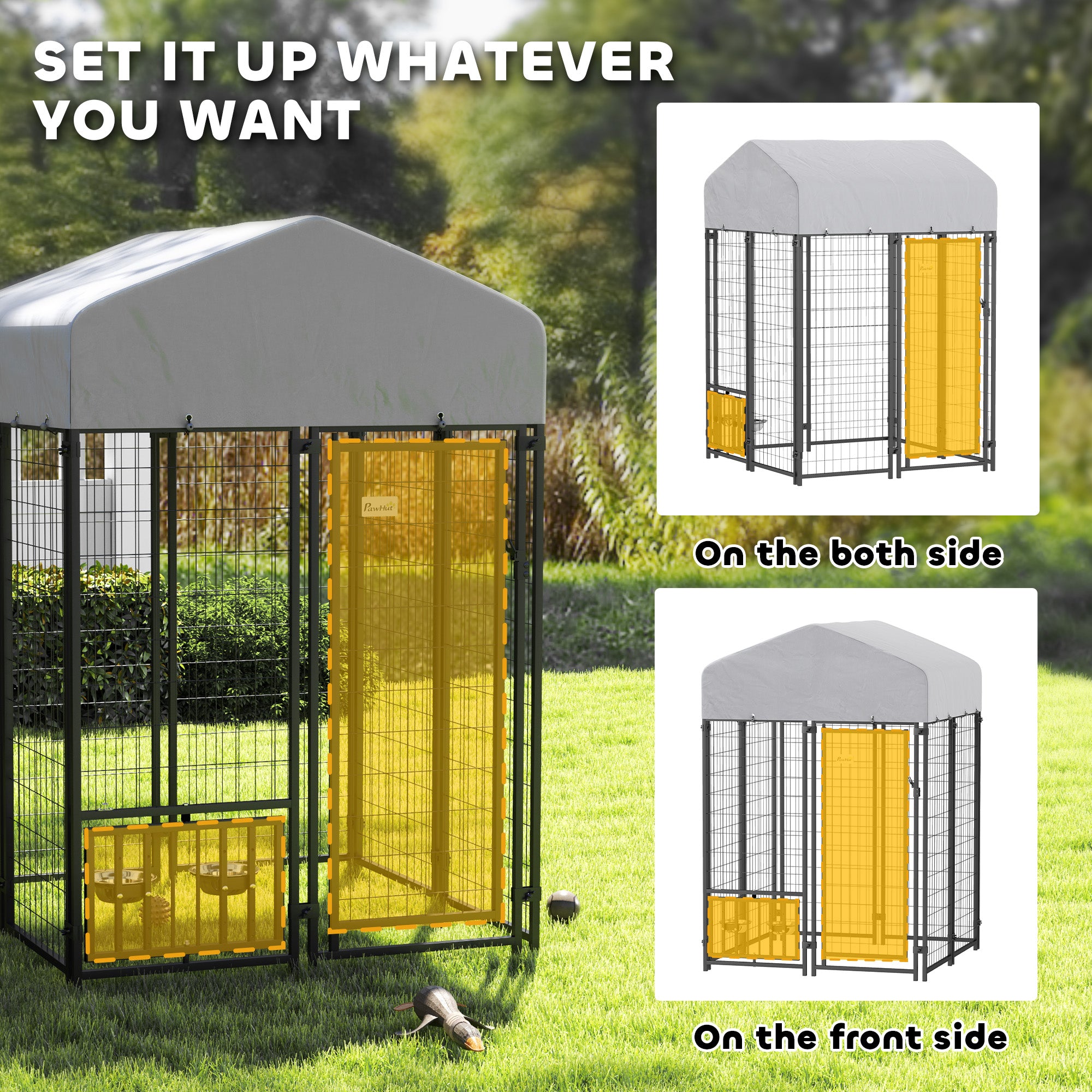Welded Wire Outdoor Dog Kennel with 360° Rotating & 4 Levels Adjustable Bowls, Waterproof Cover, 3.9' x 3.9' x 6' - Silver - Image 7