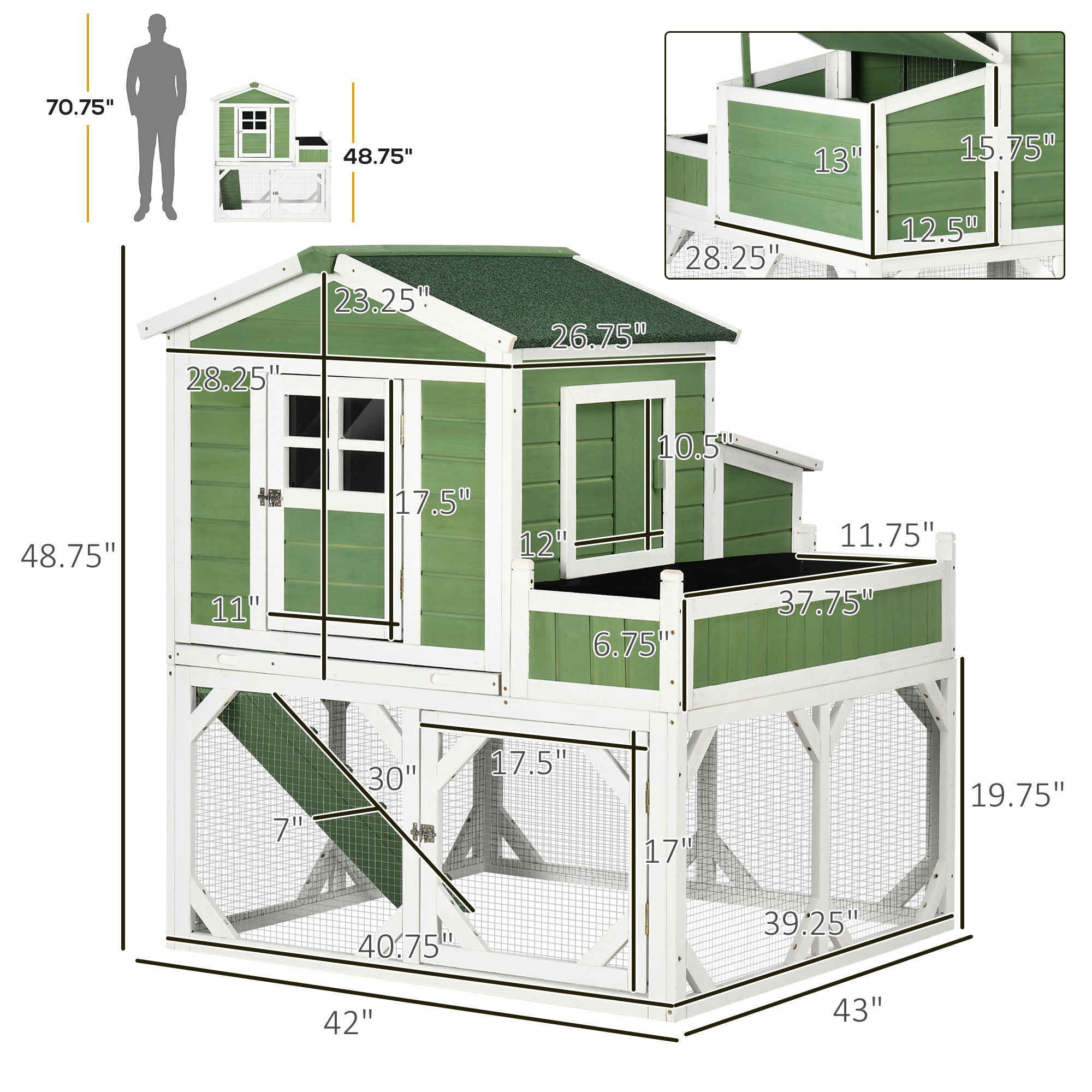 49" Small Chicken Coop Hen House with Garden Space, Chicken House Outdoor Run Cage with Weather Protection, 2-4 Birds, Green - Green - Image 3