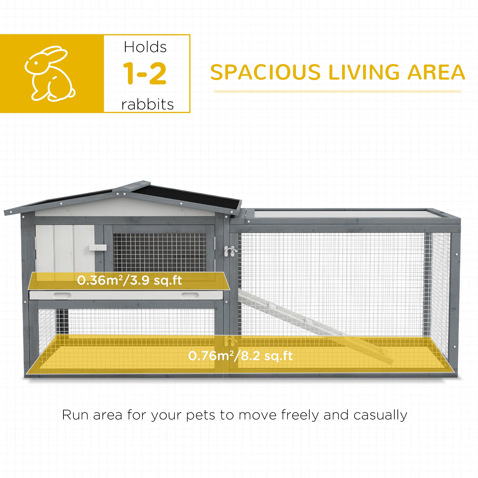 Large Rabbit Cage Outdoor 61"L Guinea Pig Hutch w/ Run Feeding Trough Removable Tray Ramp Asphalt Roof, White - White - Image 5