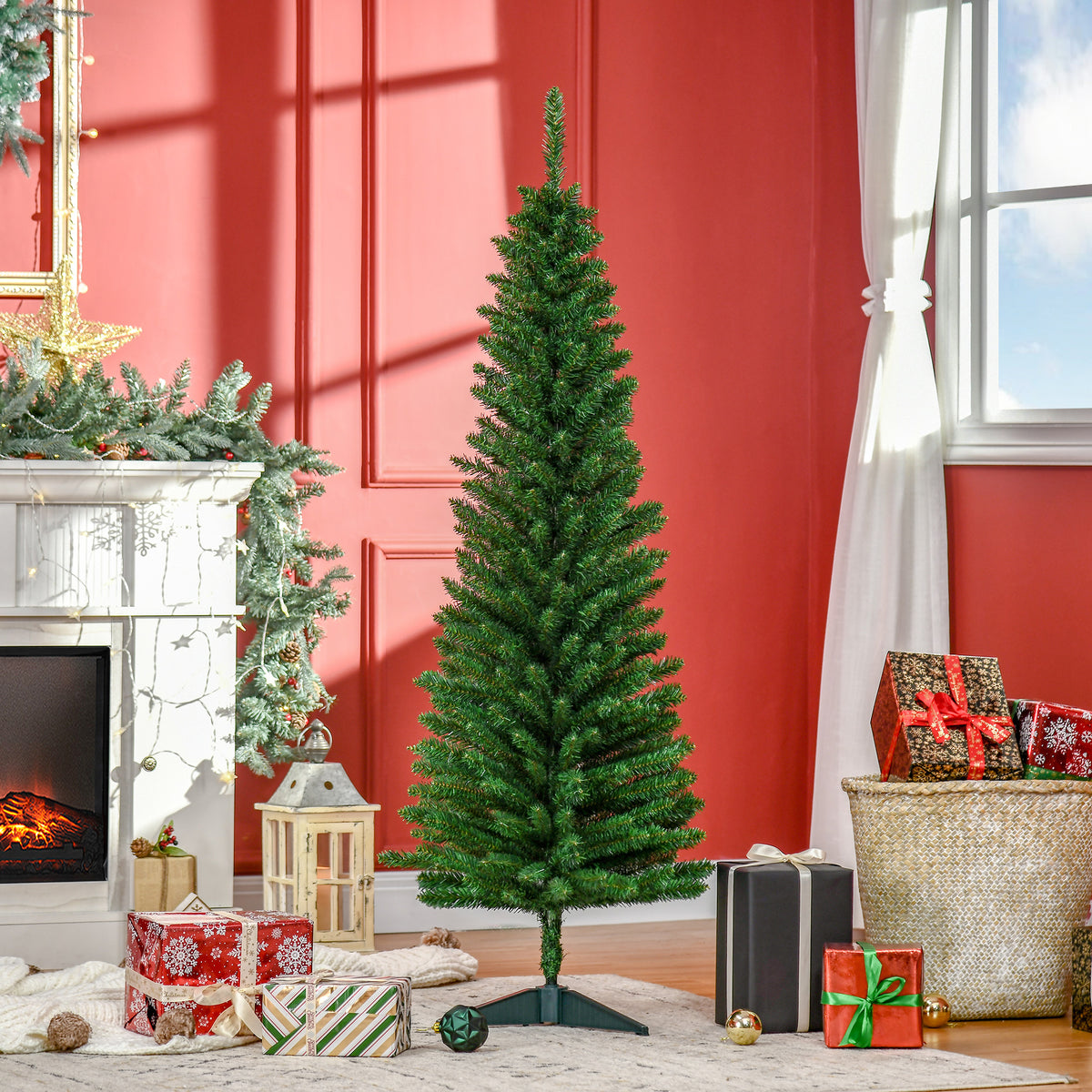 5' Artificial Pencil Christmas Tree, Slim Xmas Tree with 294 Realistic Branch Tips and Plastic Stand, Green