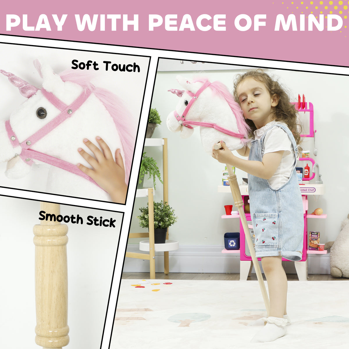 Stick Horse, Plush Handcrafted Hobby Horse with Wood Wheels, Real Pony Neighing and Galloping Sounds for Kids, White