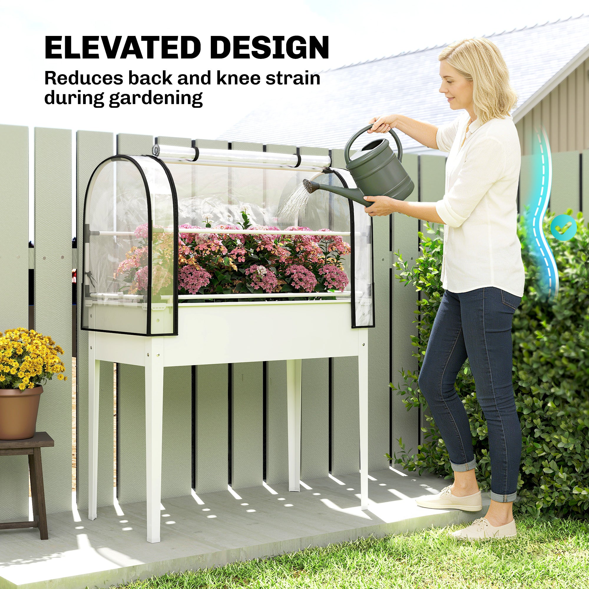 Raised Garden Bed with Flip-Up Greenhouse Cover, Metal Elevated Garden Bed with Legs and Drainage Hole, White - White - Image 7