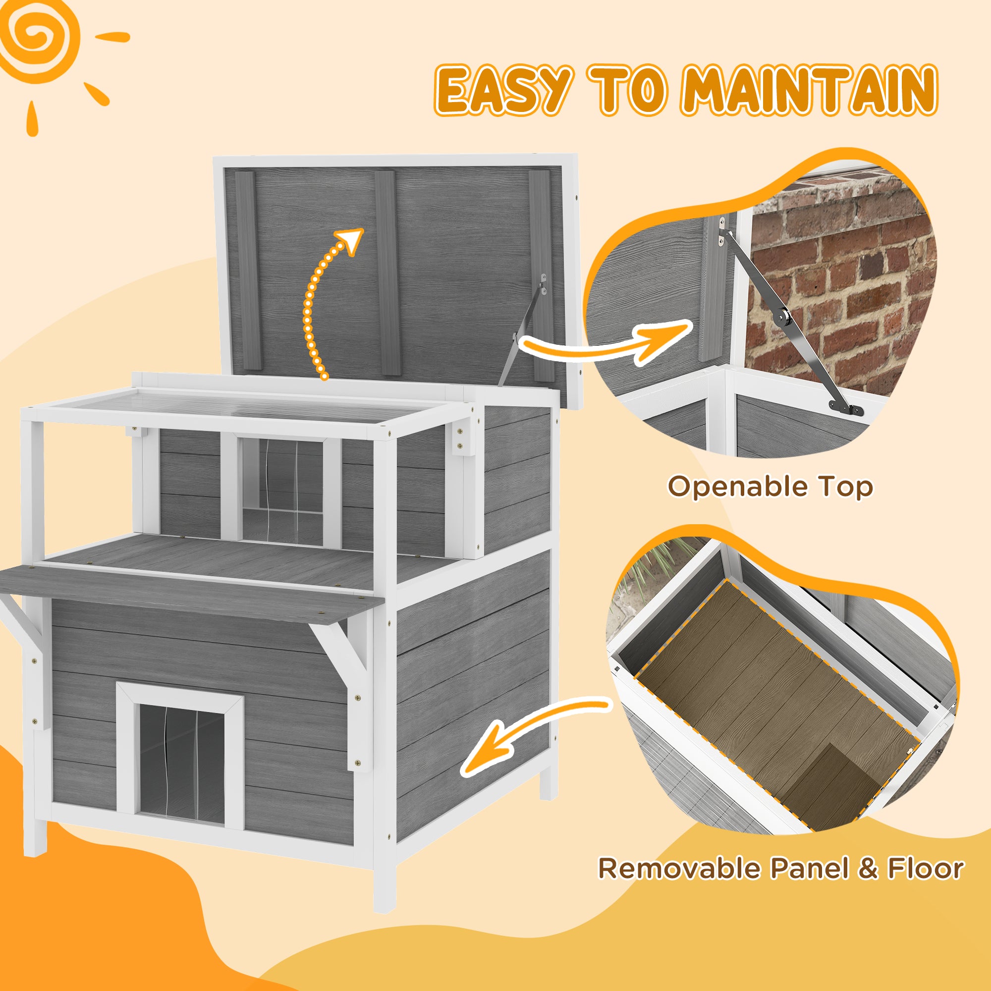 2-Story Wooden Cat House Outdoor with Balcony, Openable Top, Escape Door, Removable Panel & Floor, for Backyard, Outside - Light Gray - Image 6