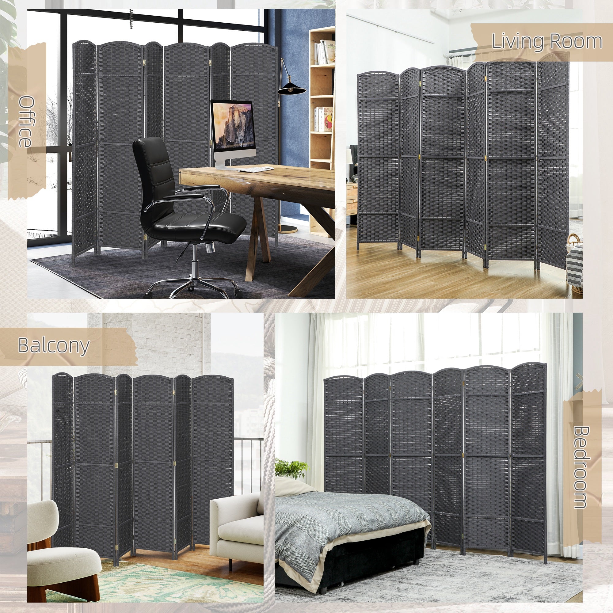 Folding Room Divider Screen 6 Panel 5.6' Tall Privacy Screen Freestanding Room Partition for Home Office, Charcoal Gray