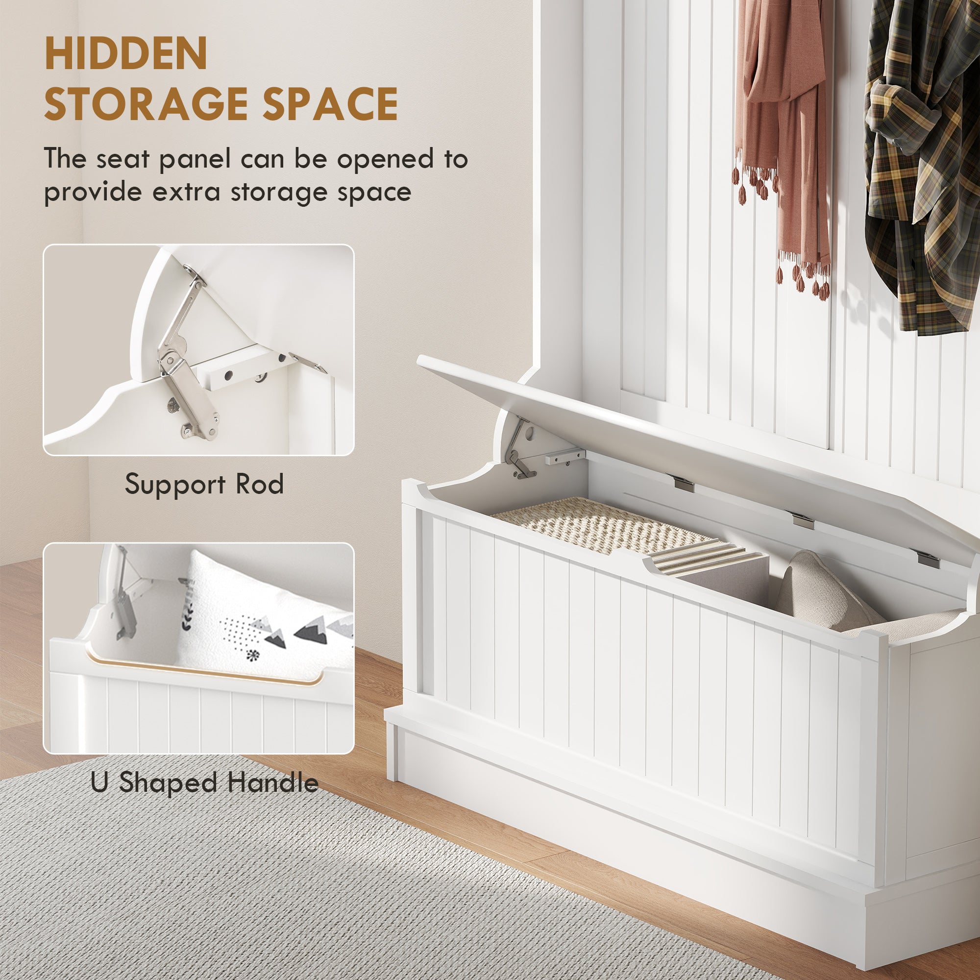 3-In-1 Entryway Bench with Coat Rack, Hall Tree with Bench and Shoe Storage, 5 Hooks for Hallway Cream White