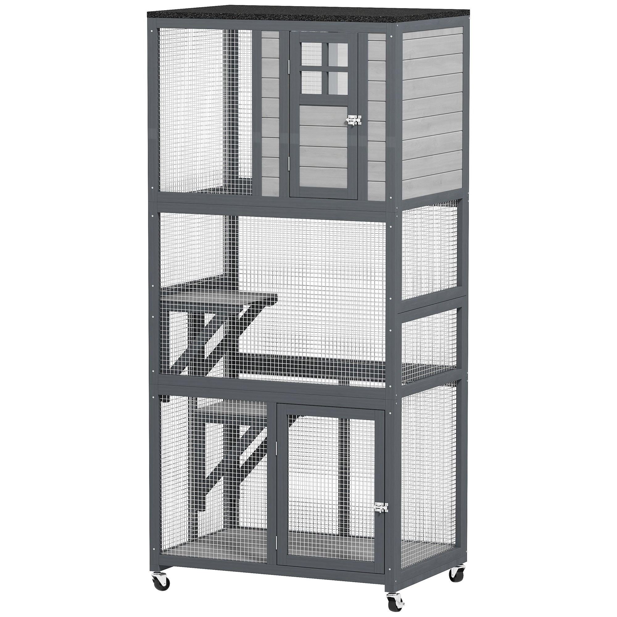 74" Wooden Outdoor Cat House Catio with High Weight Capacity, Cat Cage Condo, Dark Gray - Light Gray