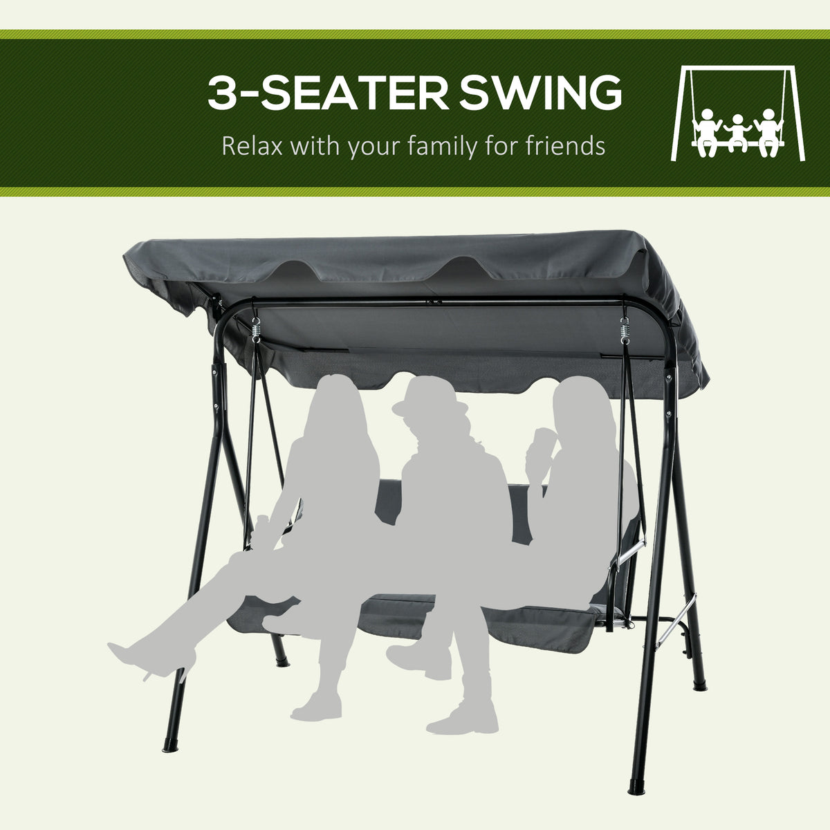 3-Seat Outdoor Patio Swing Chair w/ Cushion, Steel Frame Stand, Adjustable Tilt Canopy for Patio, Garden, Gray