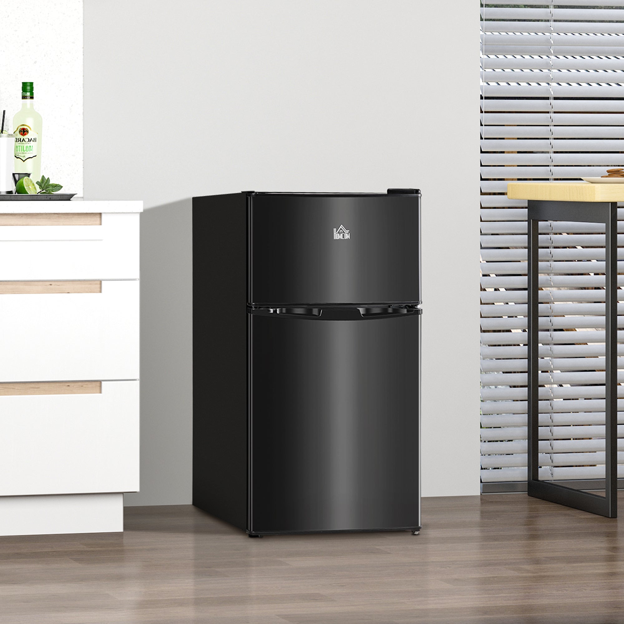 3.2 Cu.Ft Mini Fridge with Freezer, Compact Refrigerator with Adjustable Thermostat, Shelf and Double Reversible Door for Bedroom, Dorm, Home Office, Energy Efficient, Black