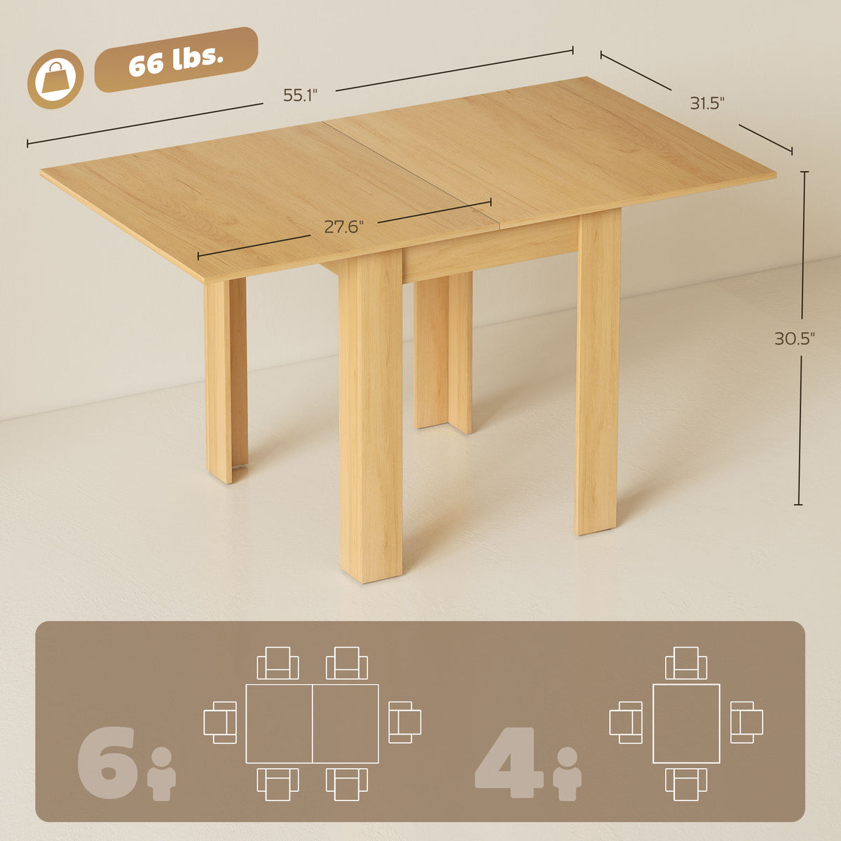 Extendable Table Table for 4-6, Square Folding Dining for Small Spaces, 28"-55" W, Natural