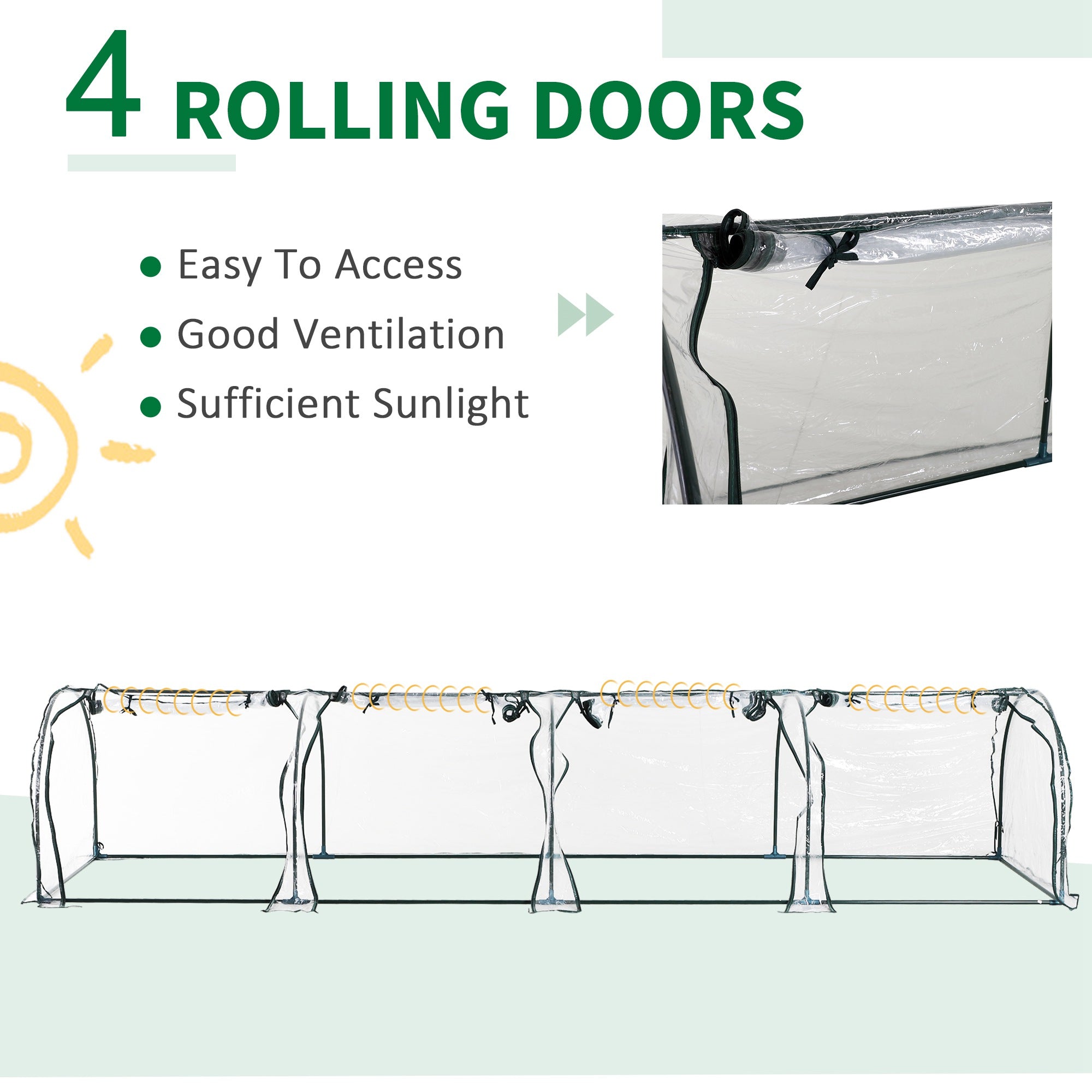 13' L x 3' W x 2.5' H Portable Tunneled Greenhouse with 4 Zippered Doors, Water/UV Fighting PVC Cover - Clear - Image 4