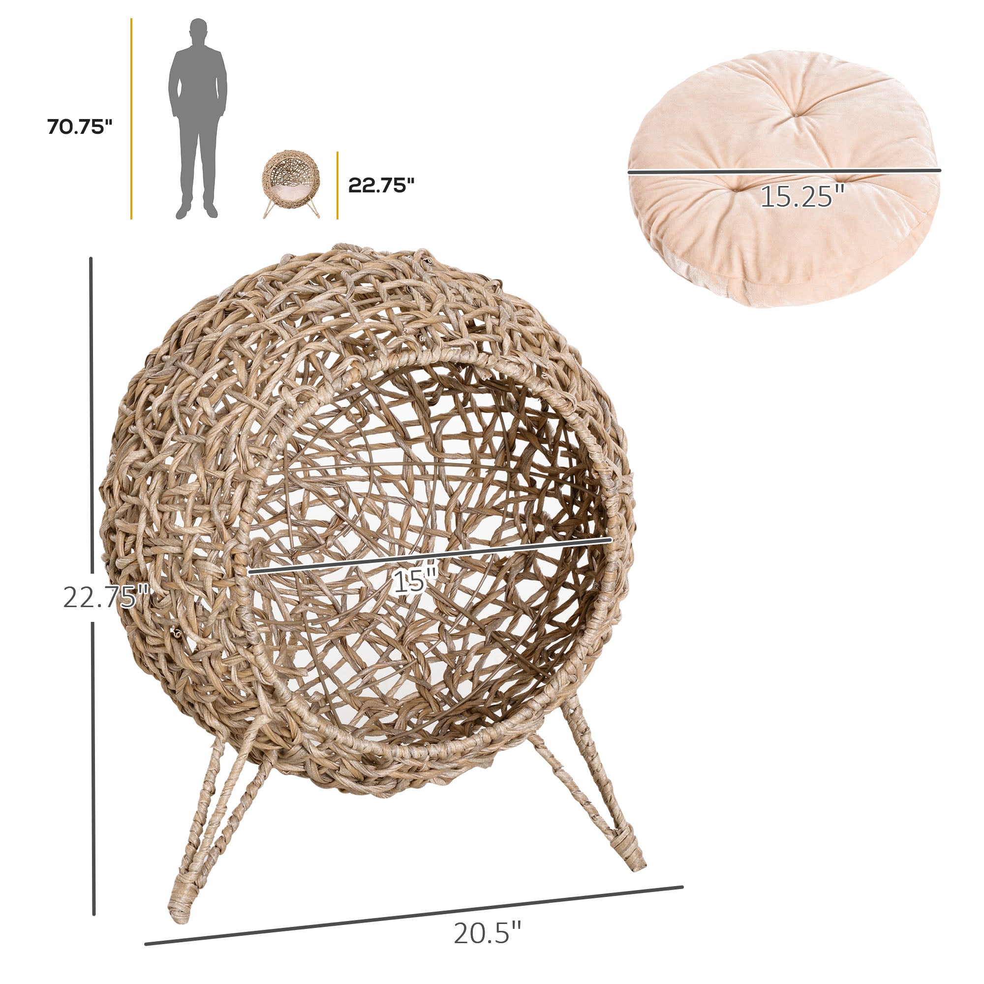 20.5" Weaved Cat Bed, Elevated Hand-woven Braided Banana Leaf Kitten House Condo with Cushion, Beige - Beige - Image 3