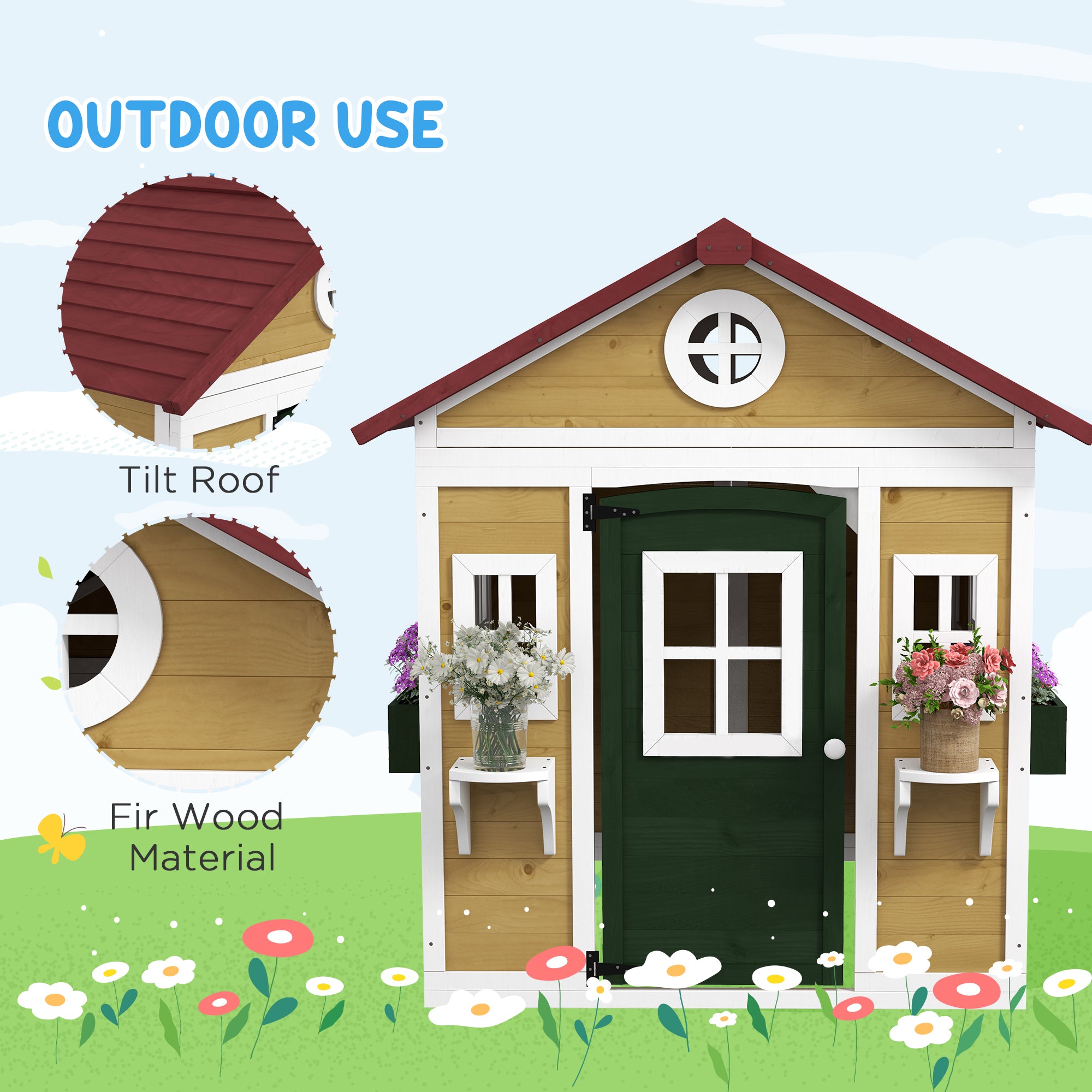 Wooden Playhouse for Kids Outdoor with Doors, Windows, Planter Pots and Boxes for Toddlers 3-8 Years, Beige