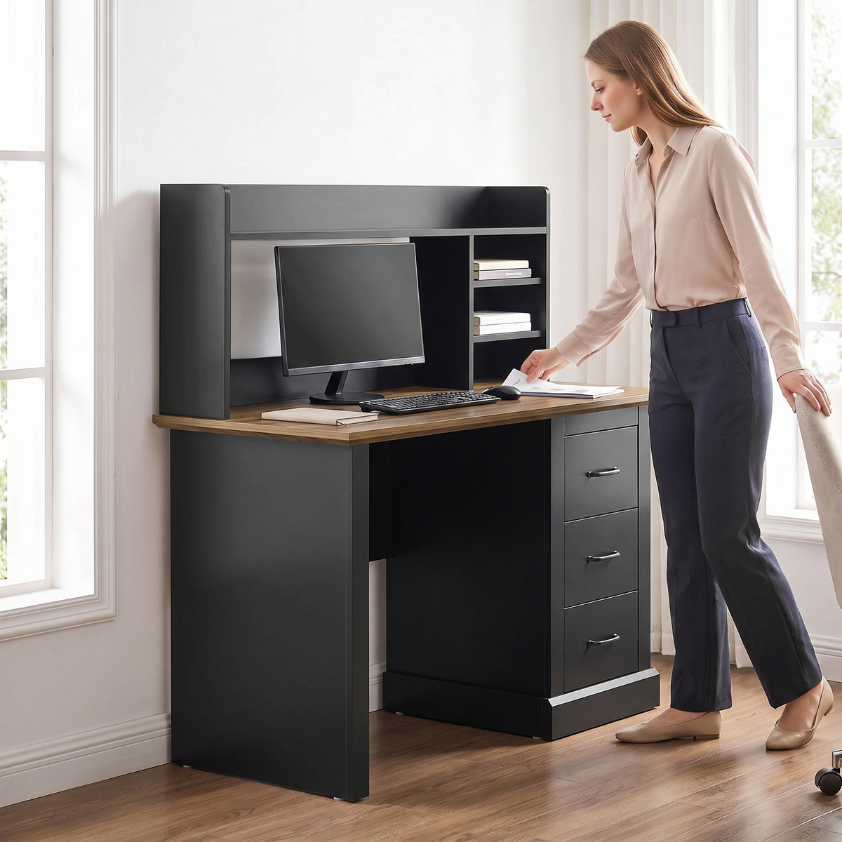 Computer Desk with 3 Drawers and Storage Shelves, 47" Home Office Study Writing Table, Walnut and Black