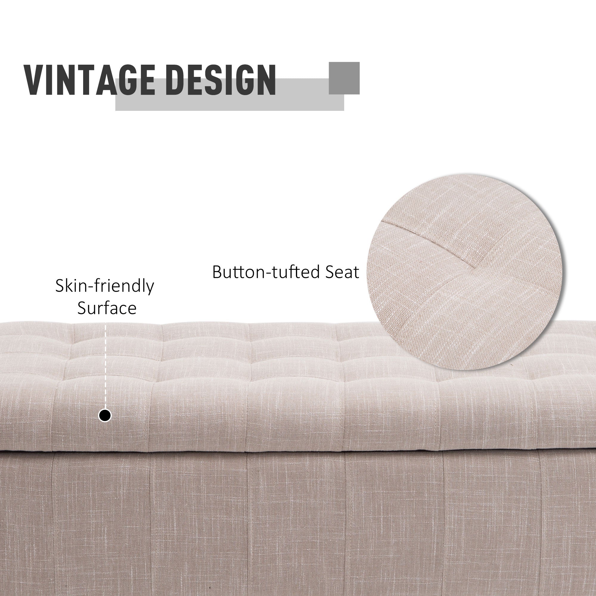 Storage Ottoman, Linen Fabric Button Tufted Storage Bench with Soft Close Lid for Living Room, Entryway or Bedroom, Beige