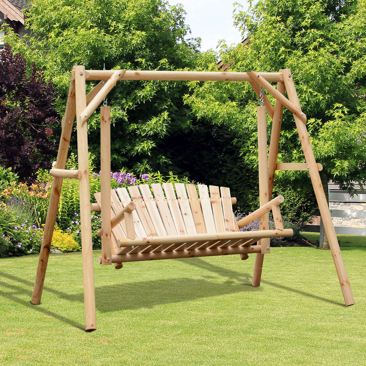 2-Seat Wooden Swing Bench, Ergonomic Design, 'A' Frame Construction, Stable and Non-Slip, Solid Wood Frame Log Garden Swing, for Outdoor and Indoor, Natural Wood