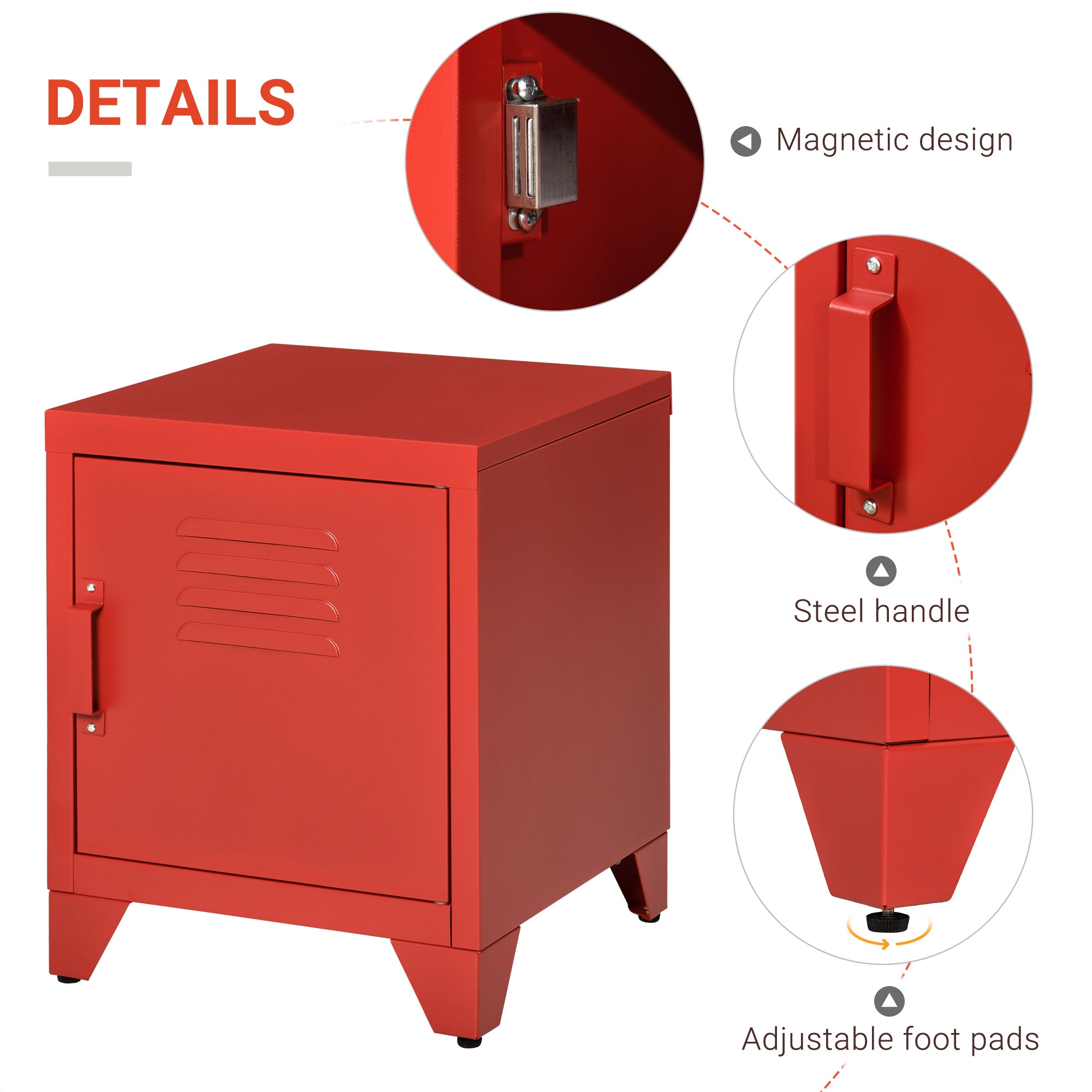 Industrial End Table, Living Room Side Table with Locker-Style Door and Adjustable Shelf, Red