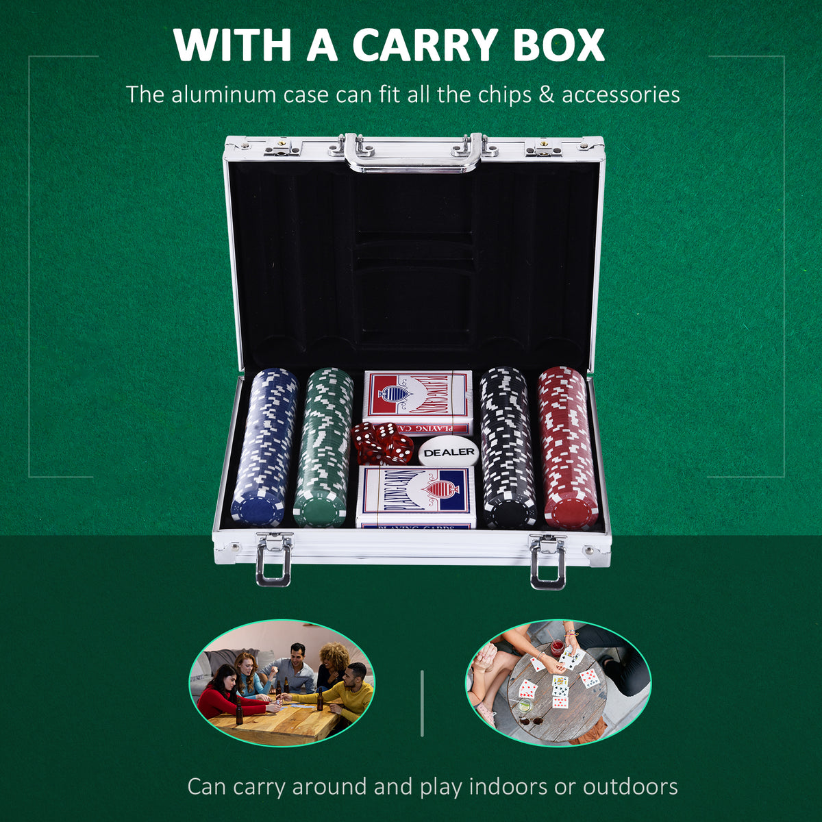 Poker Chip Set with Aluminum Case, 200 Striped Poker Chips, 2 Decks of Cards, 5 Dice, Dealer Button, Silver