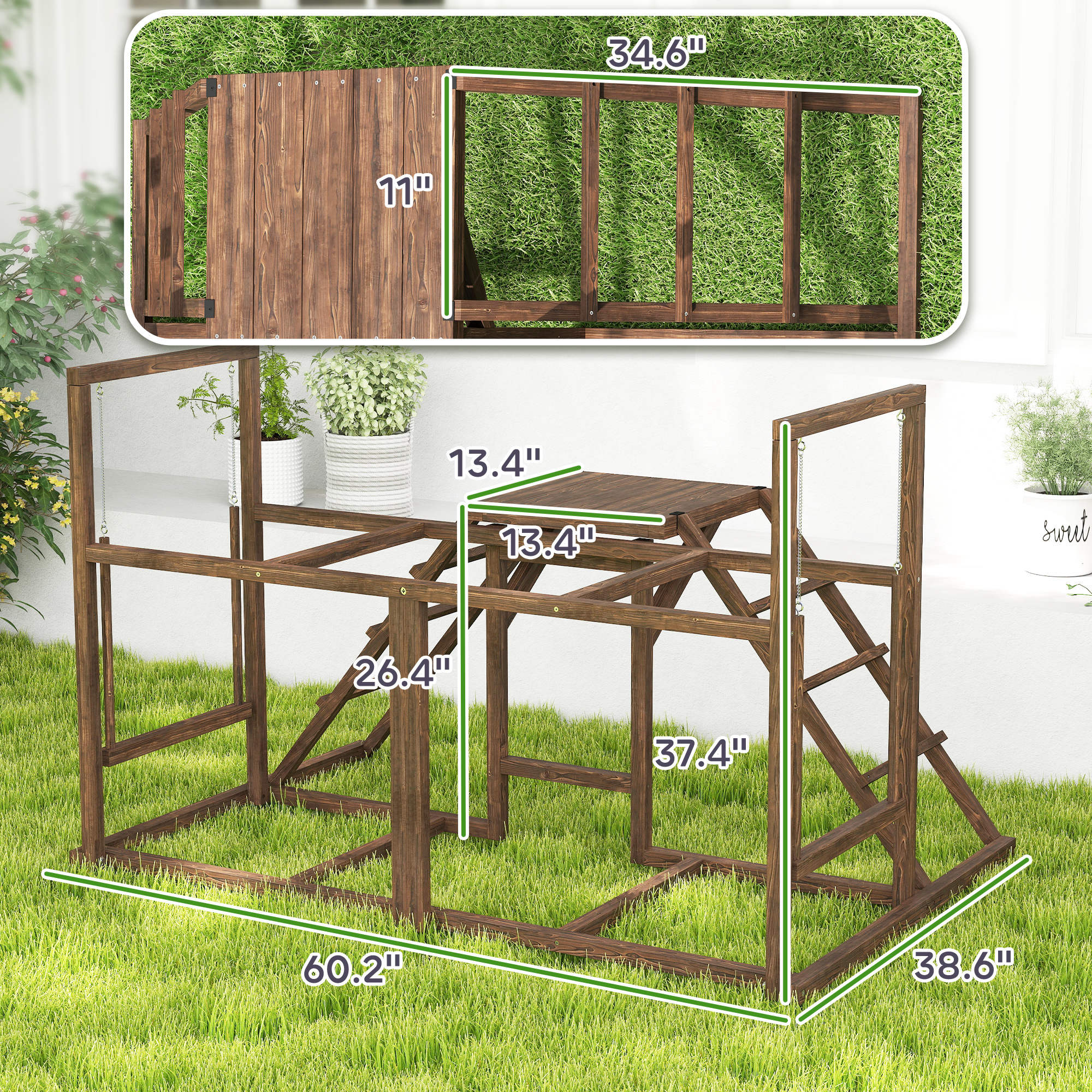 Chicken Activity Play Set with Multiple Chicken Perches, Swing, Ladder, Platform for 3-4 Chickens, Coffee - Coffee - Image 3