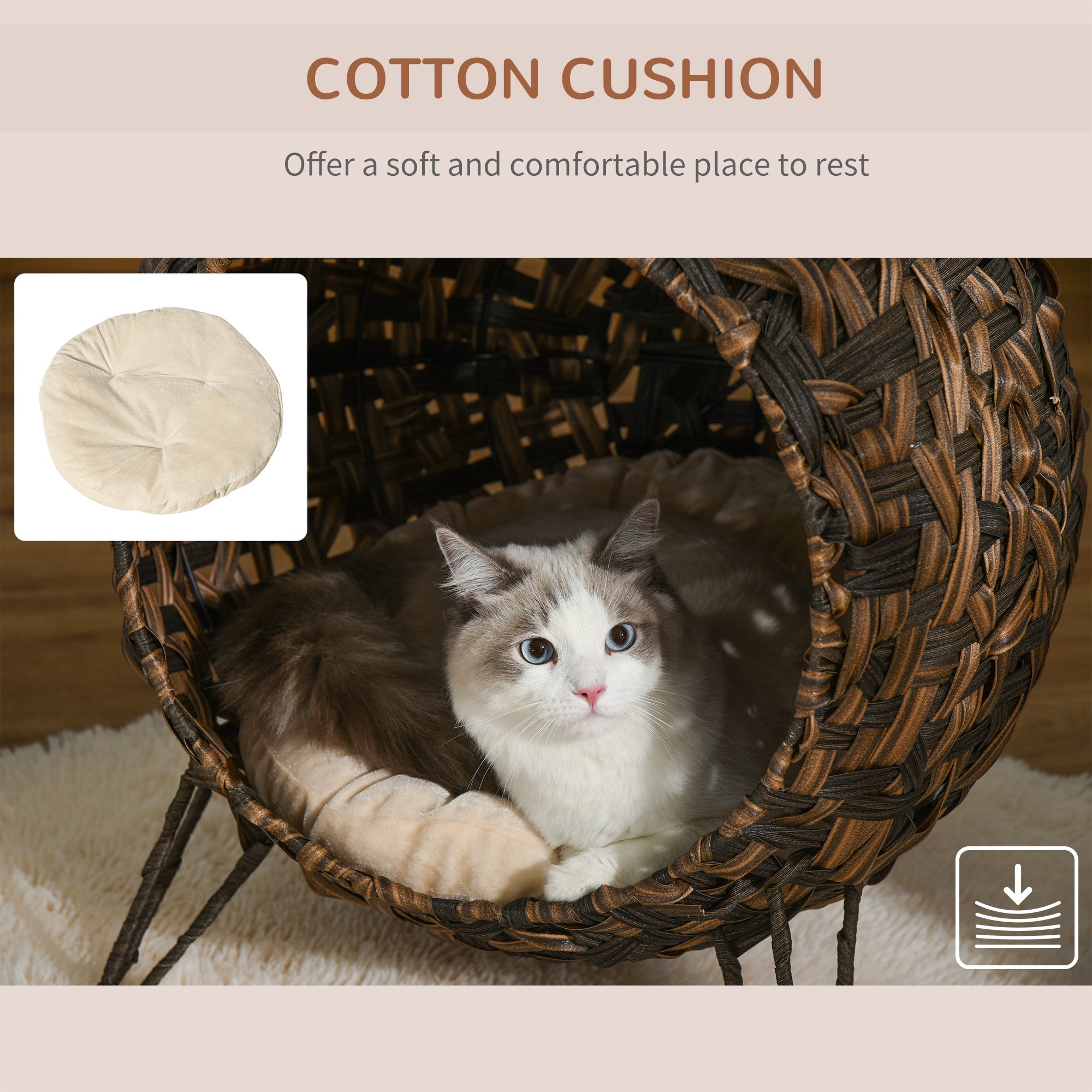 20.5" Weaved Cat Bed, Elevated Hand-woven Braided Banana Leaf Kitten House Condo with Cushion, Brown - Brown - Image 5
