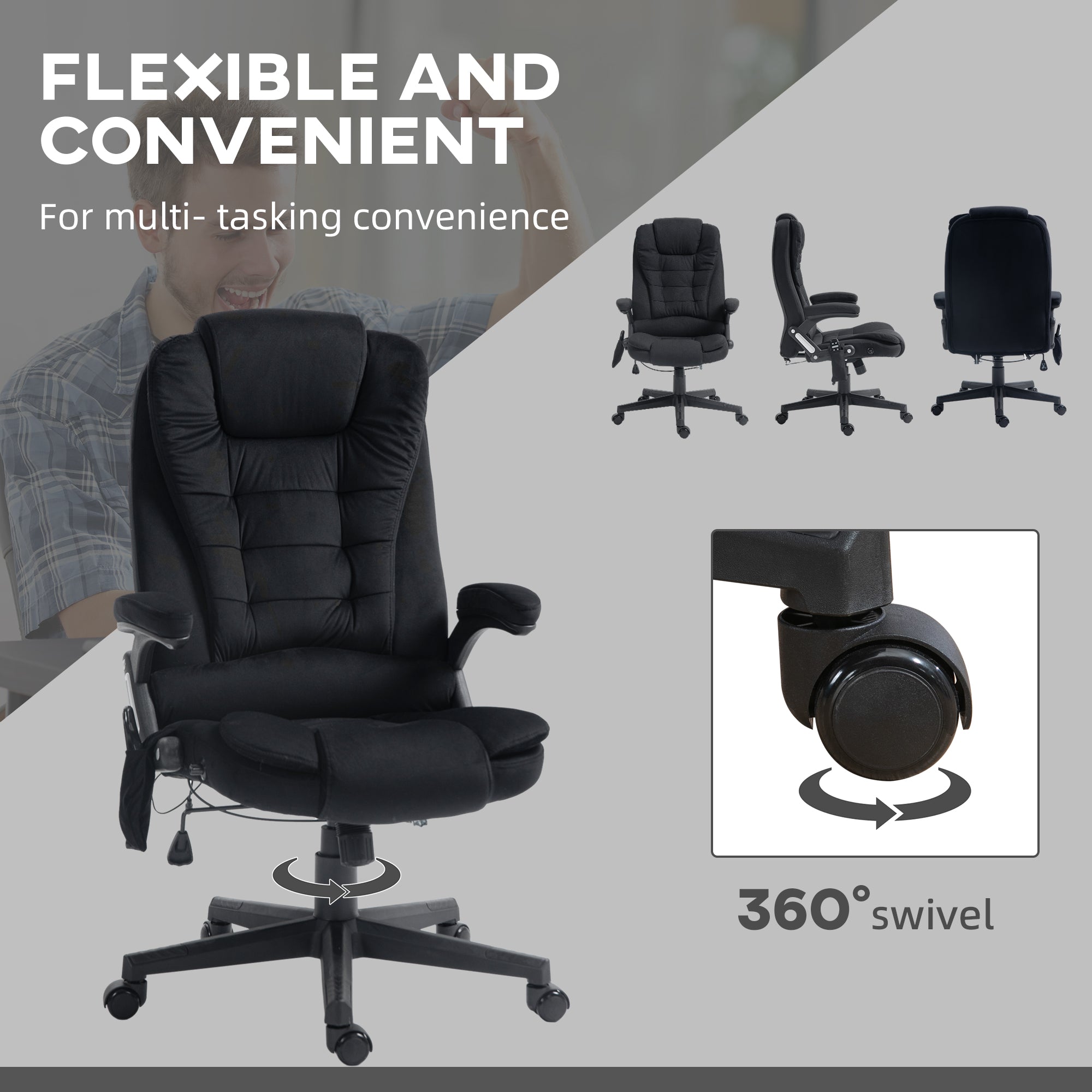 6 Point Vibrating Massage Office Chair with Heat, Linen High Back Massage Desk Chair with Reclining Backrest, Black
