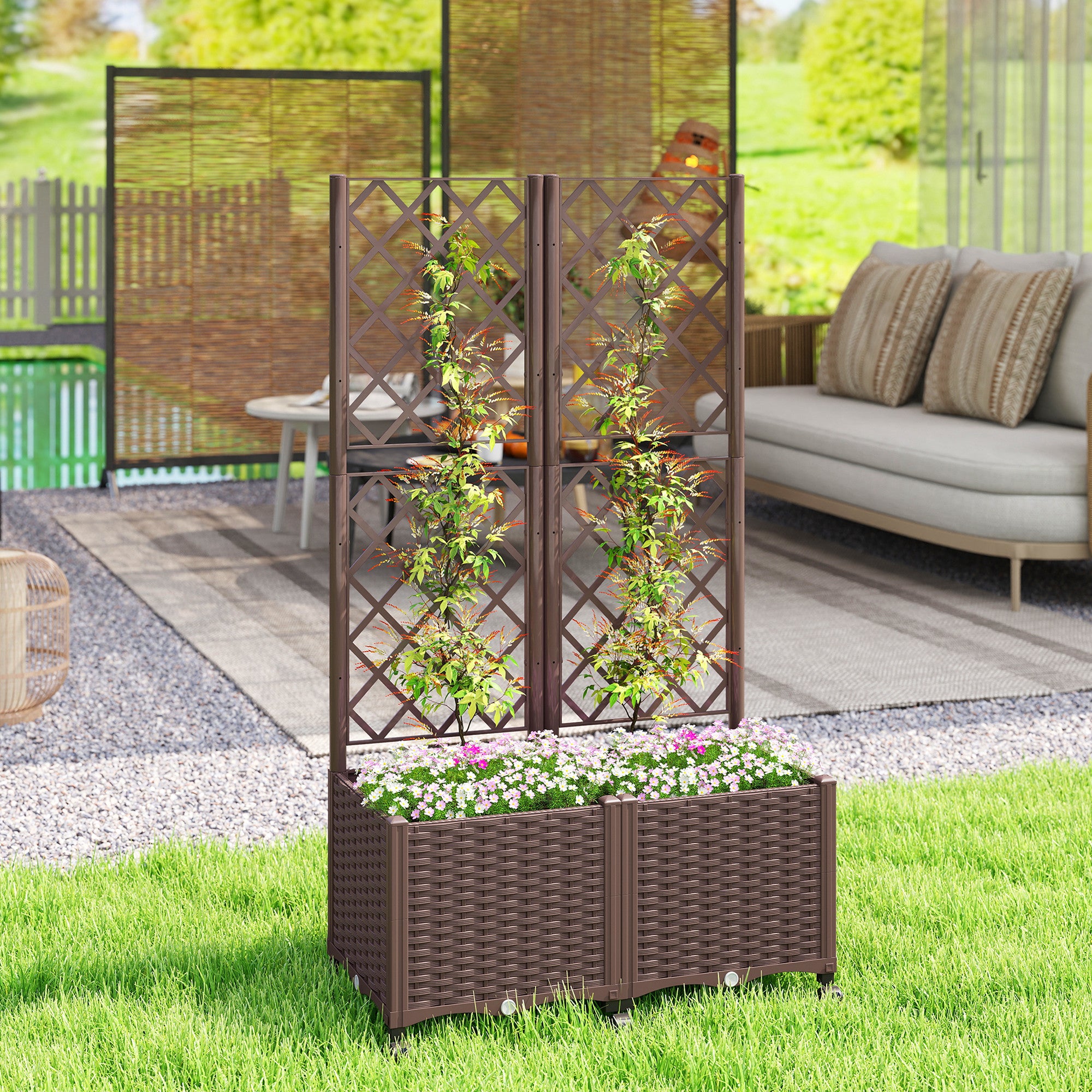 Planter Box with Trellis, Self Watering Raised Garden Bed with Lockable Wheels and Drainage Holes, Brown - Brown - Image 2