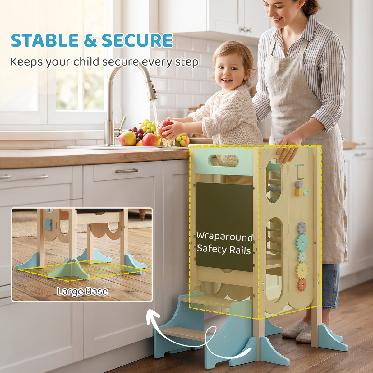 6-in-1 Toddler Kitchen Step Stool Helper, Montessori Toddler Standing Tower w/ Blackboard for 3-6 Year, Blue
